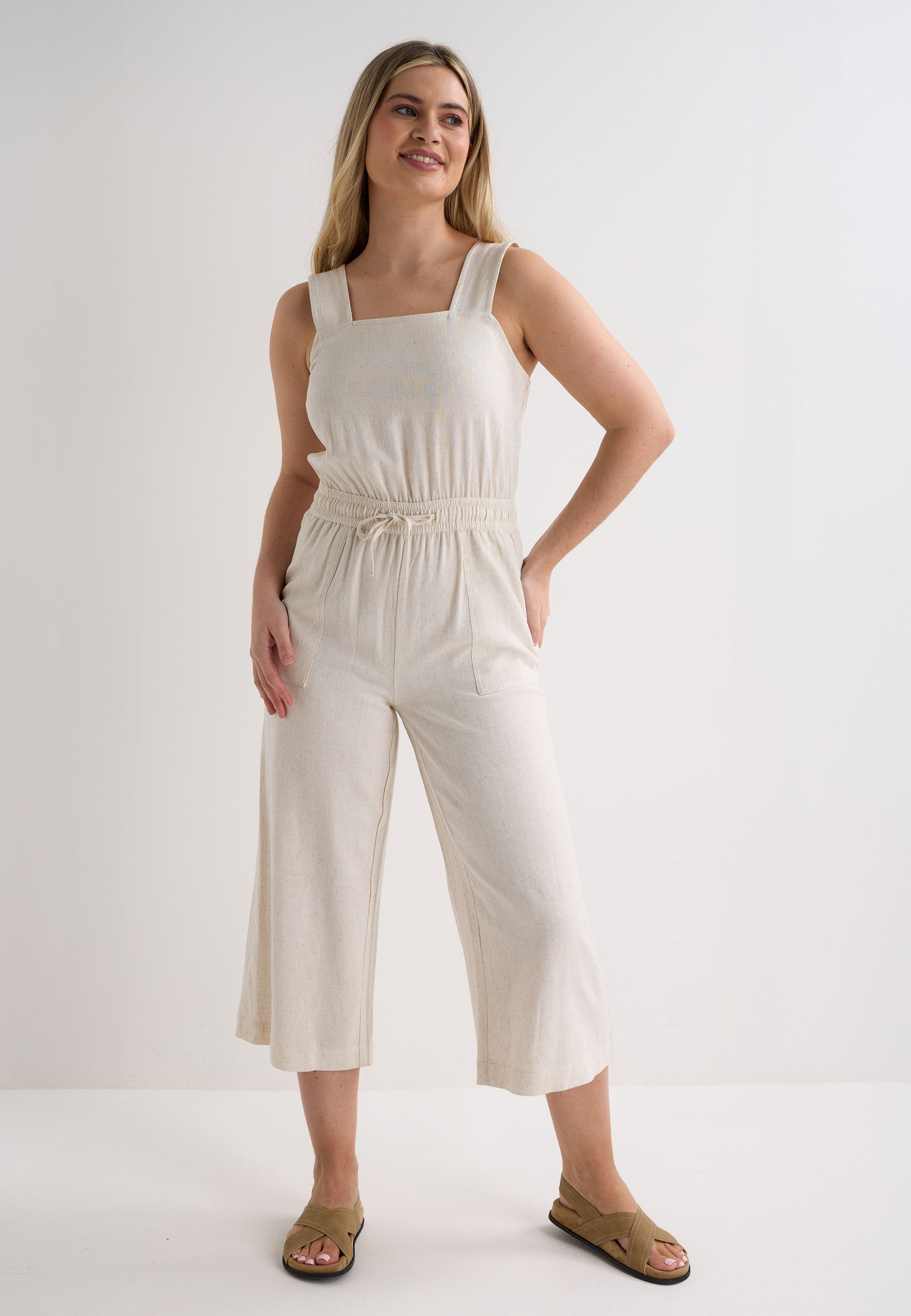 Womens Natural Linen Blend Jumpsuit