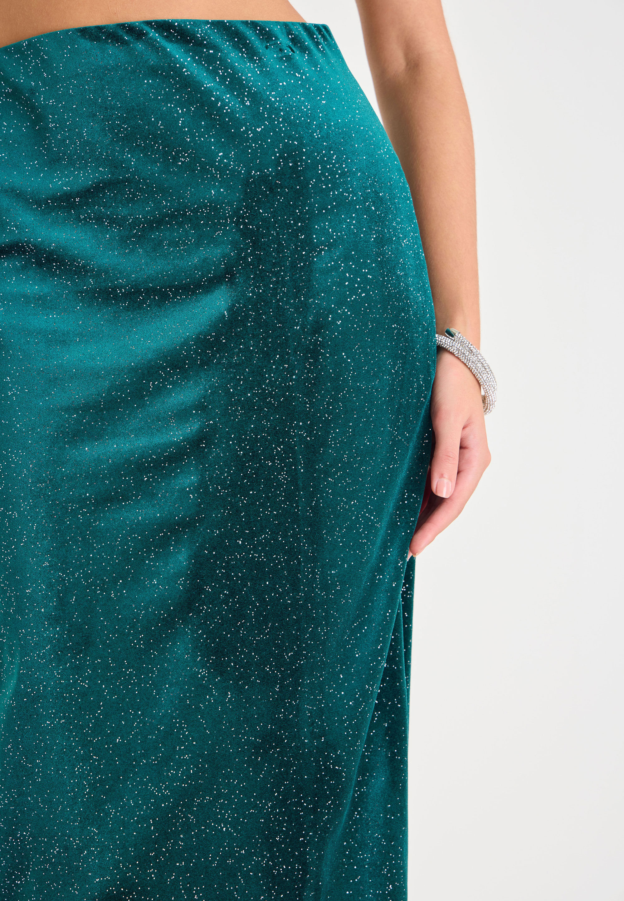 Womens Green Velvet Sparkle Midi Skirt