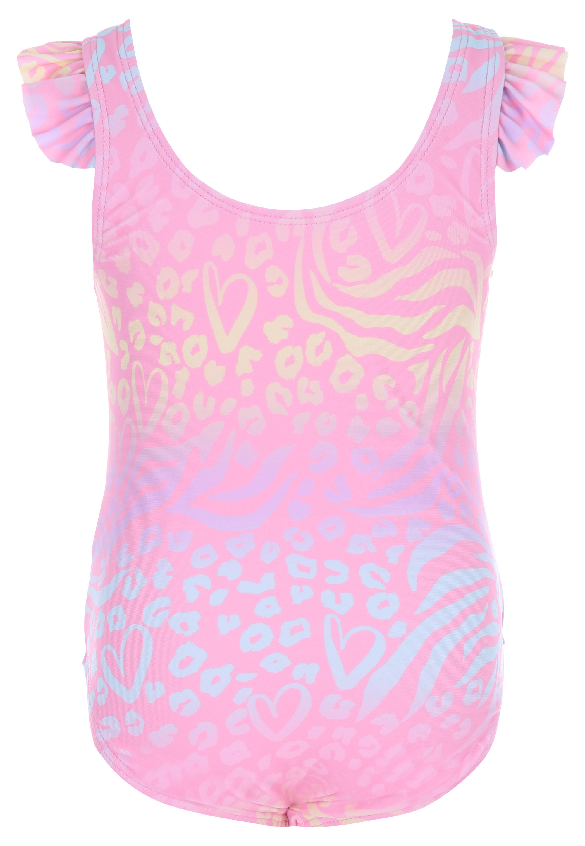 Younger Girls Pink Leopard & Heart Print Swimsuit