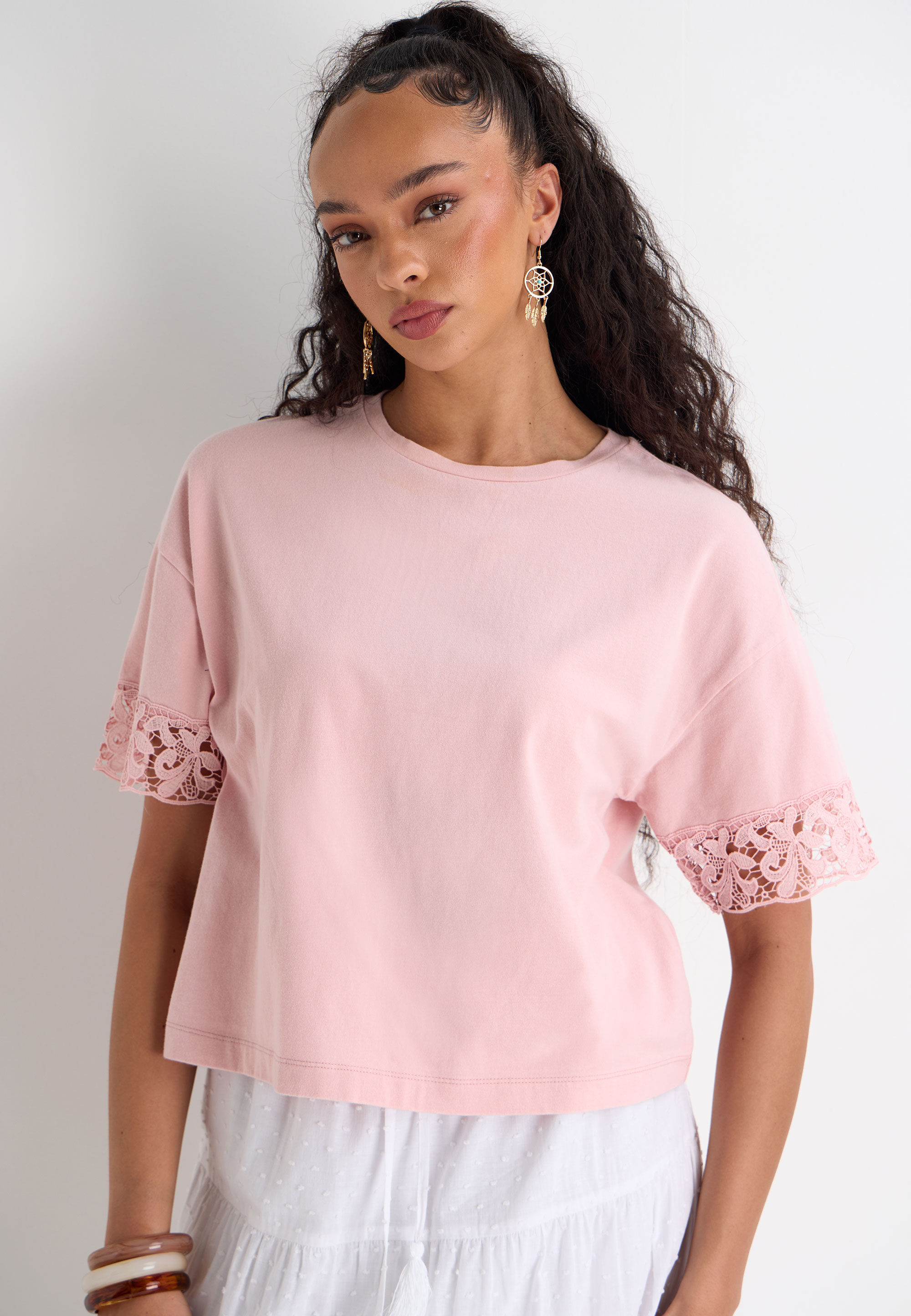 Womens Pink Acid Wash Short Lace Sleeve T-shirt