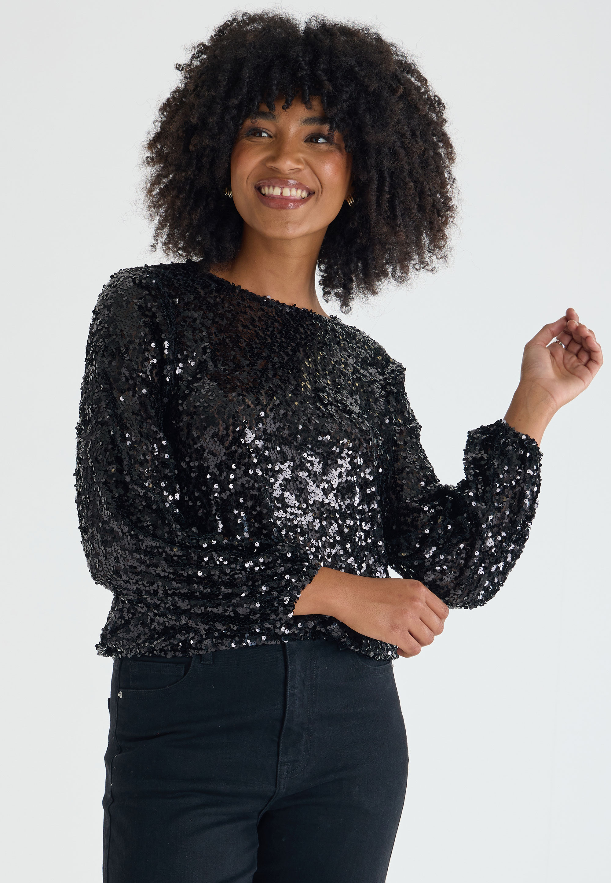 Womens Black Sequin Bubble Hem Top