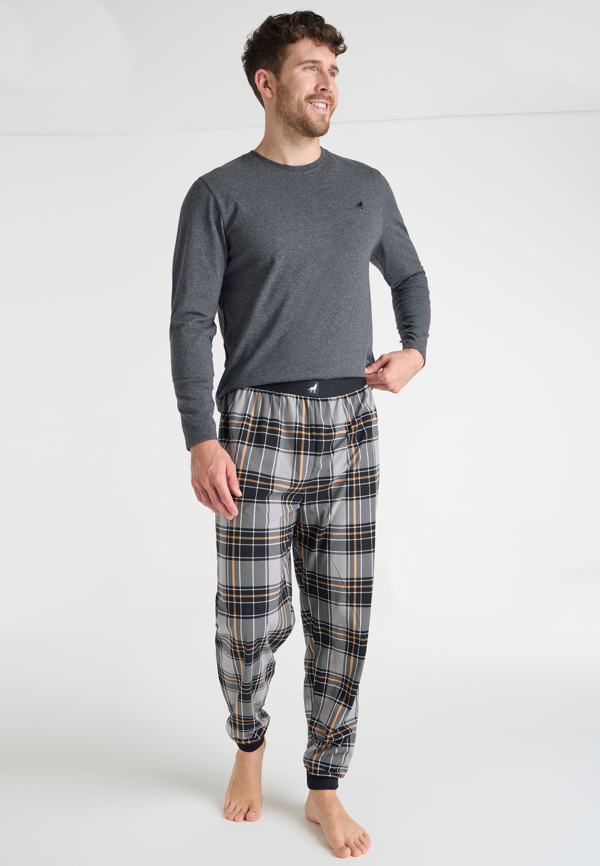 Mens Black & Grey Check Fleece Pyjama Bottoms
