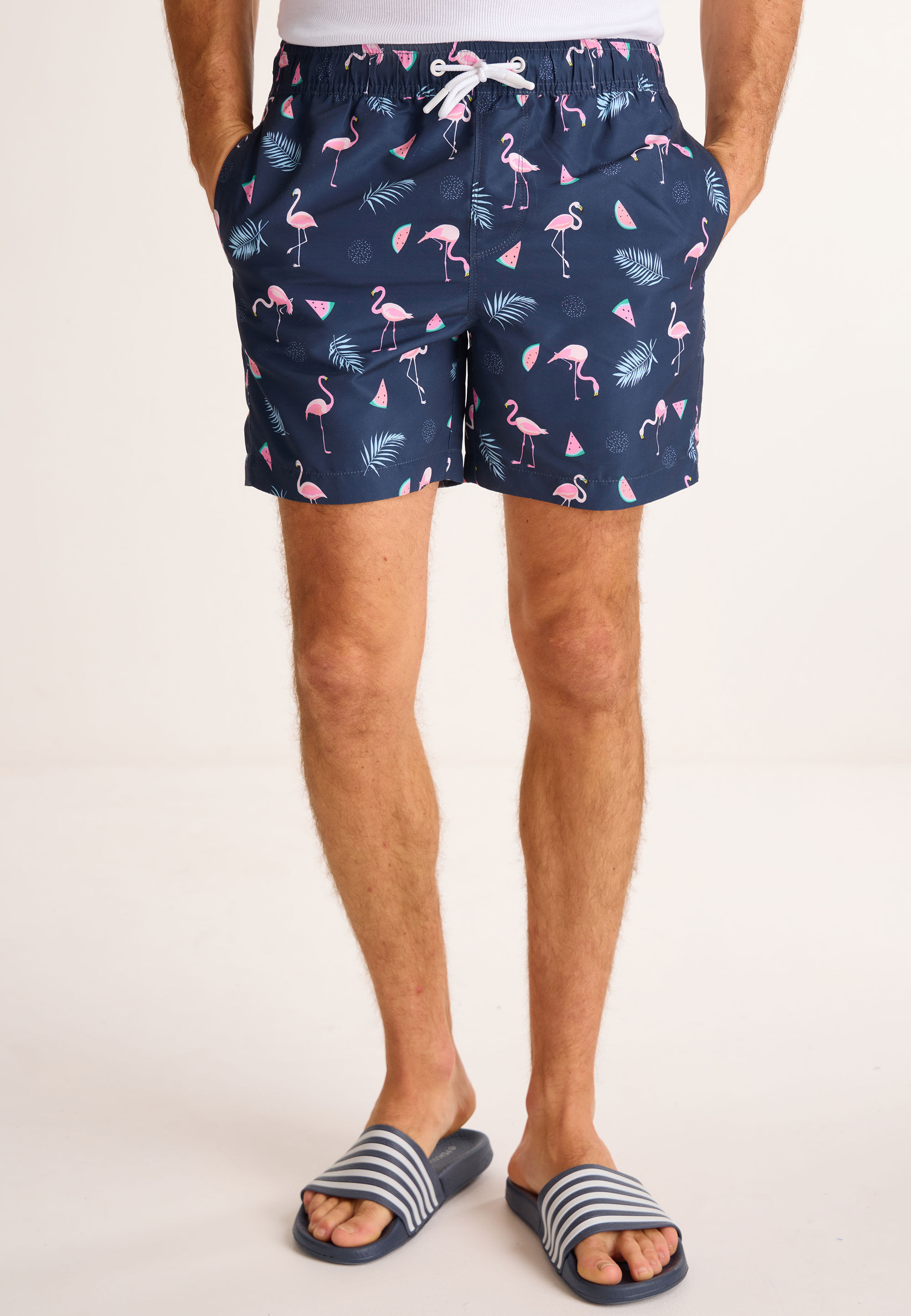 Mens Navy Flamingo Print Swim Shorts