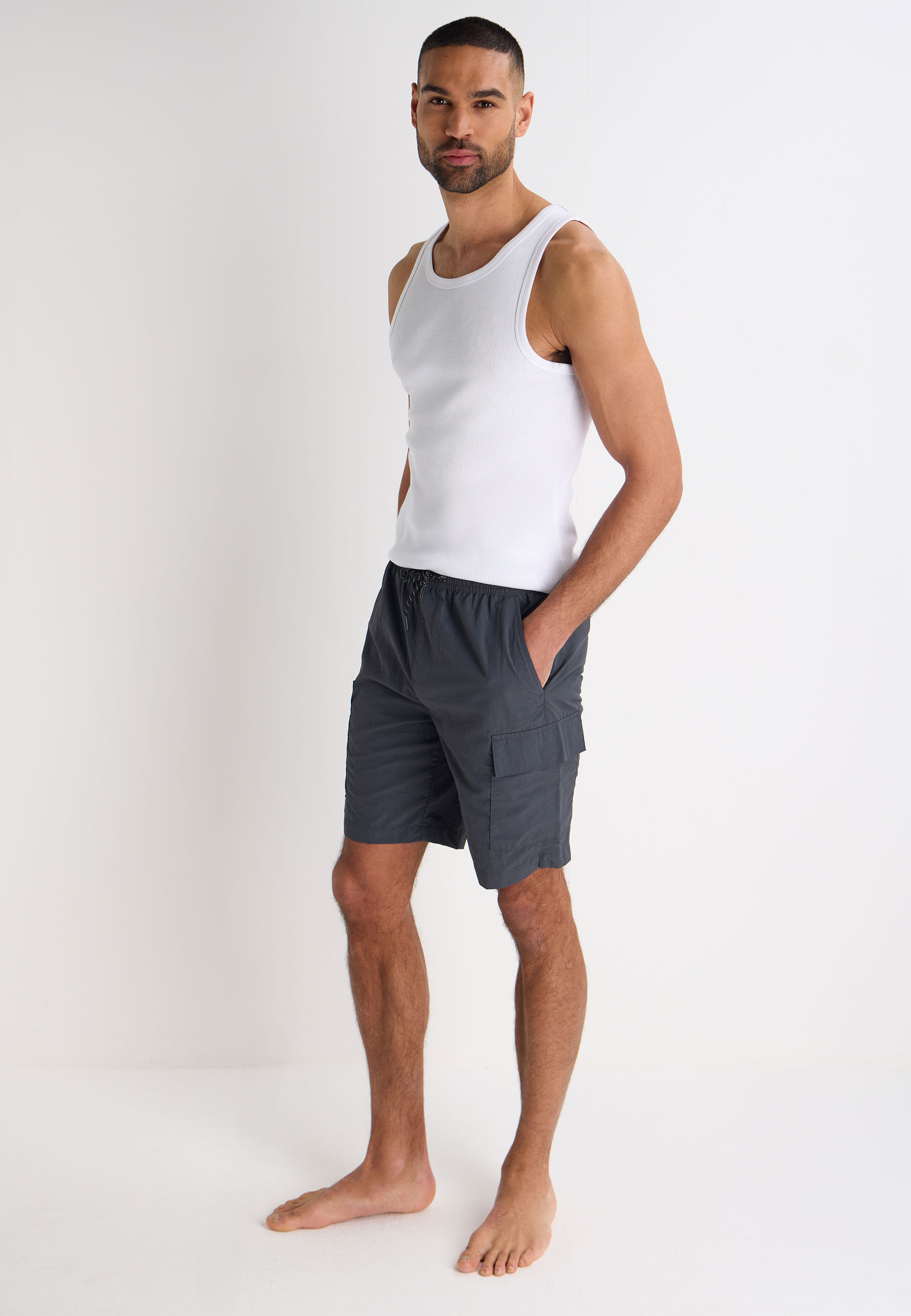 Mens Charcoal Longer Length Cargo Swim Shorts