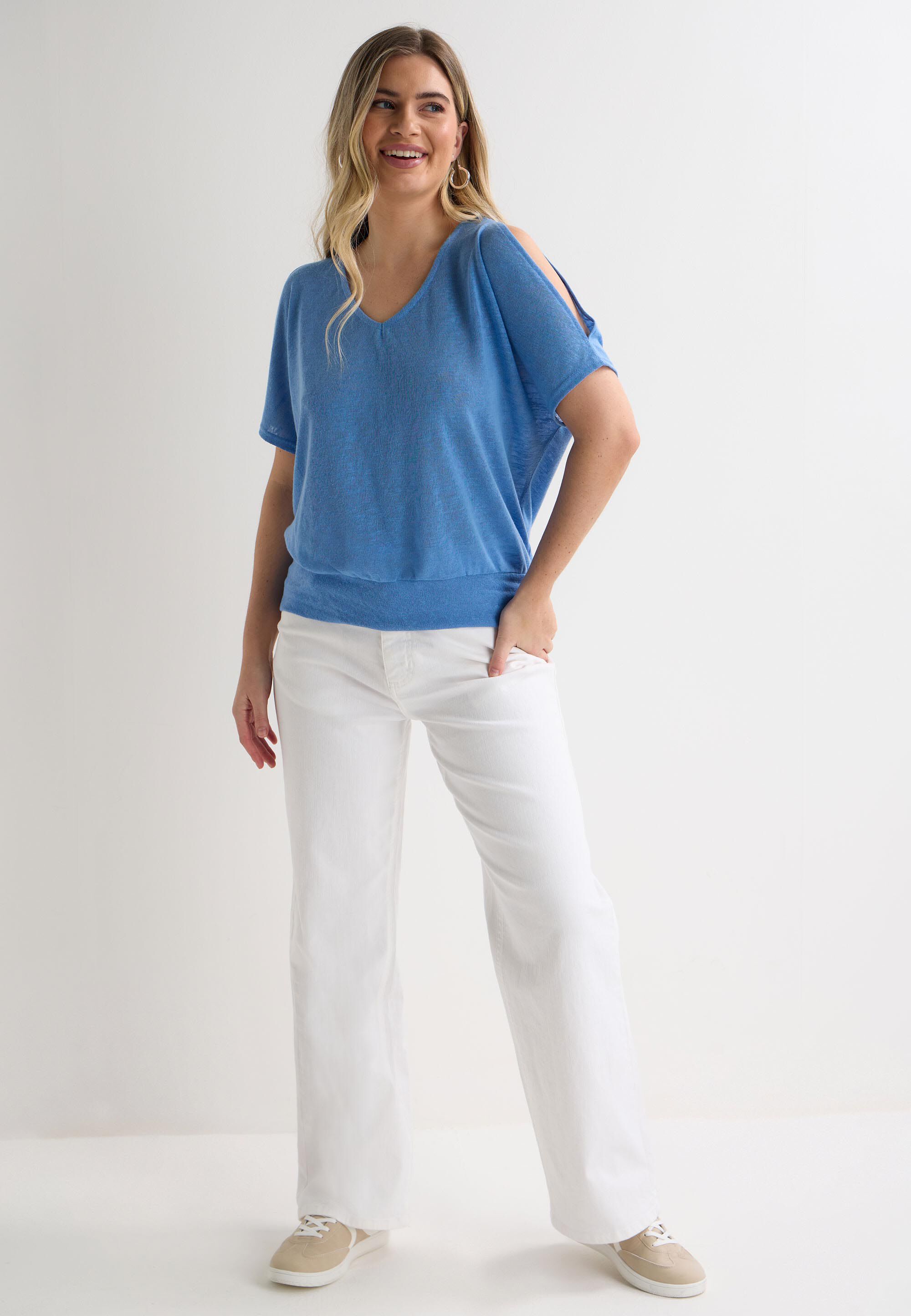 Womens Blue Linen Blend Split Sleeve Top