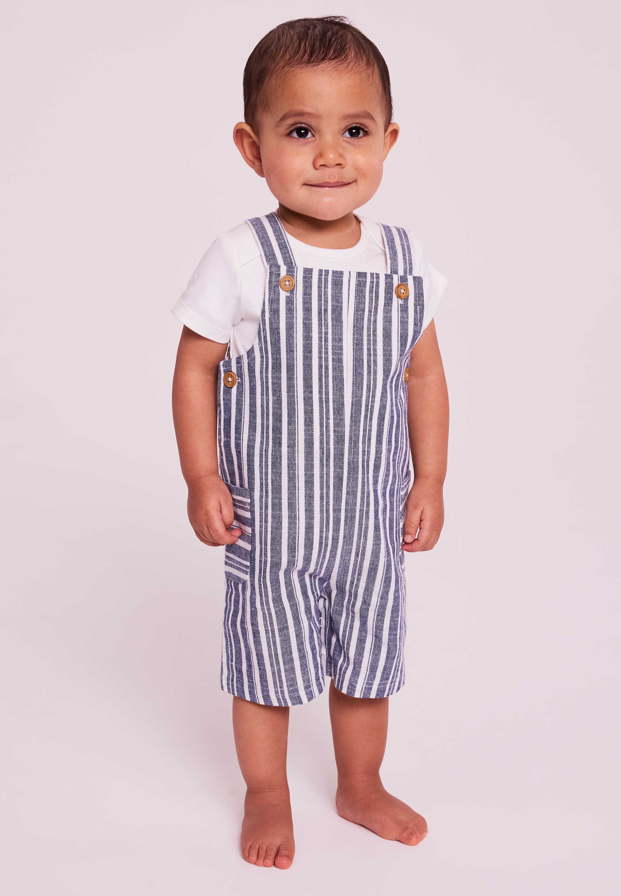 Baby Boys Blue Stripe Dungaree & White Body Set
