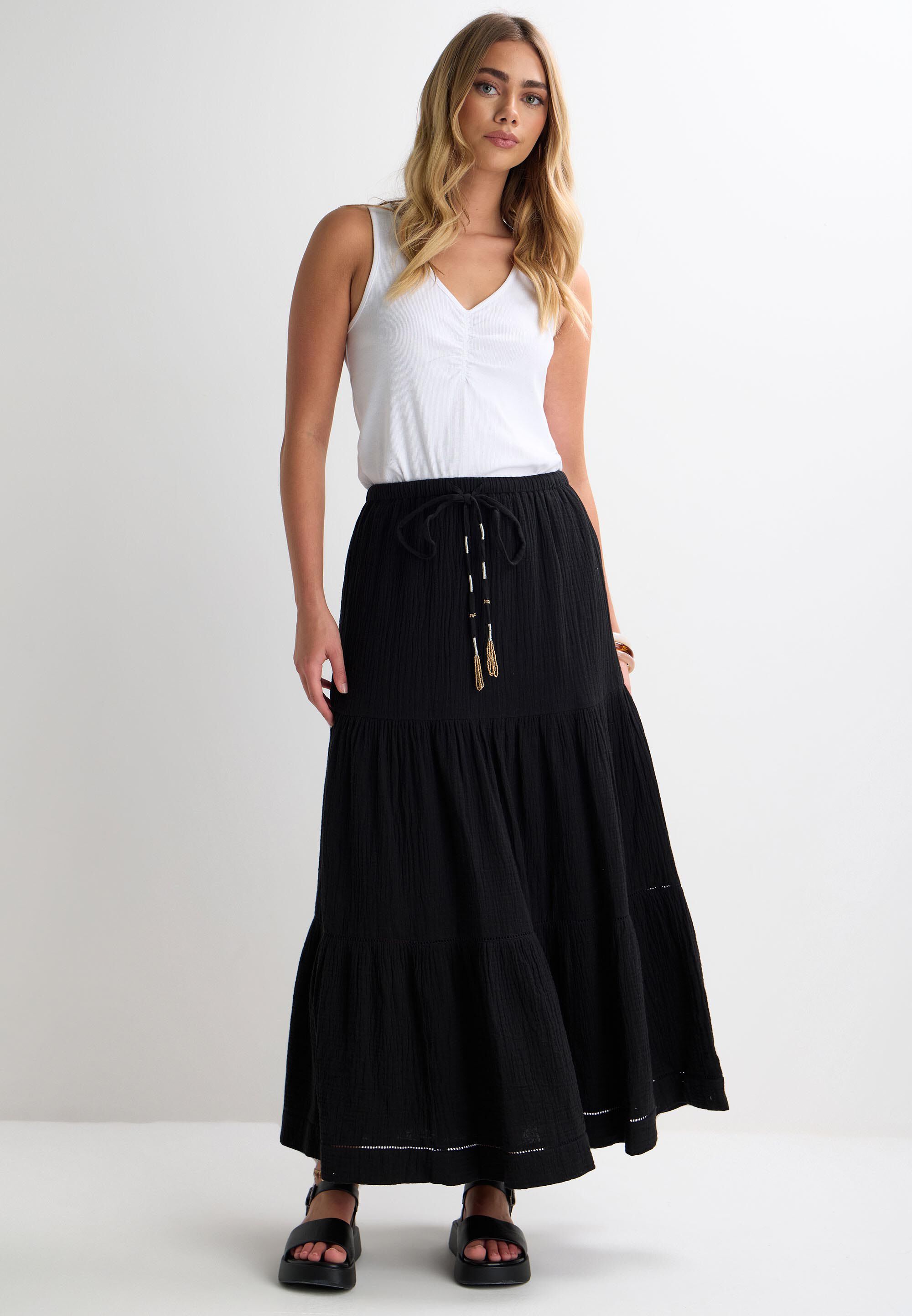 Womens Black Plain Double Cotton Tiered Maxi Skirt