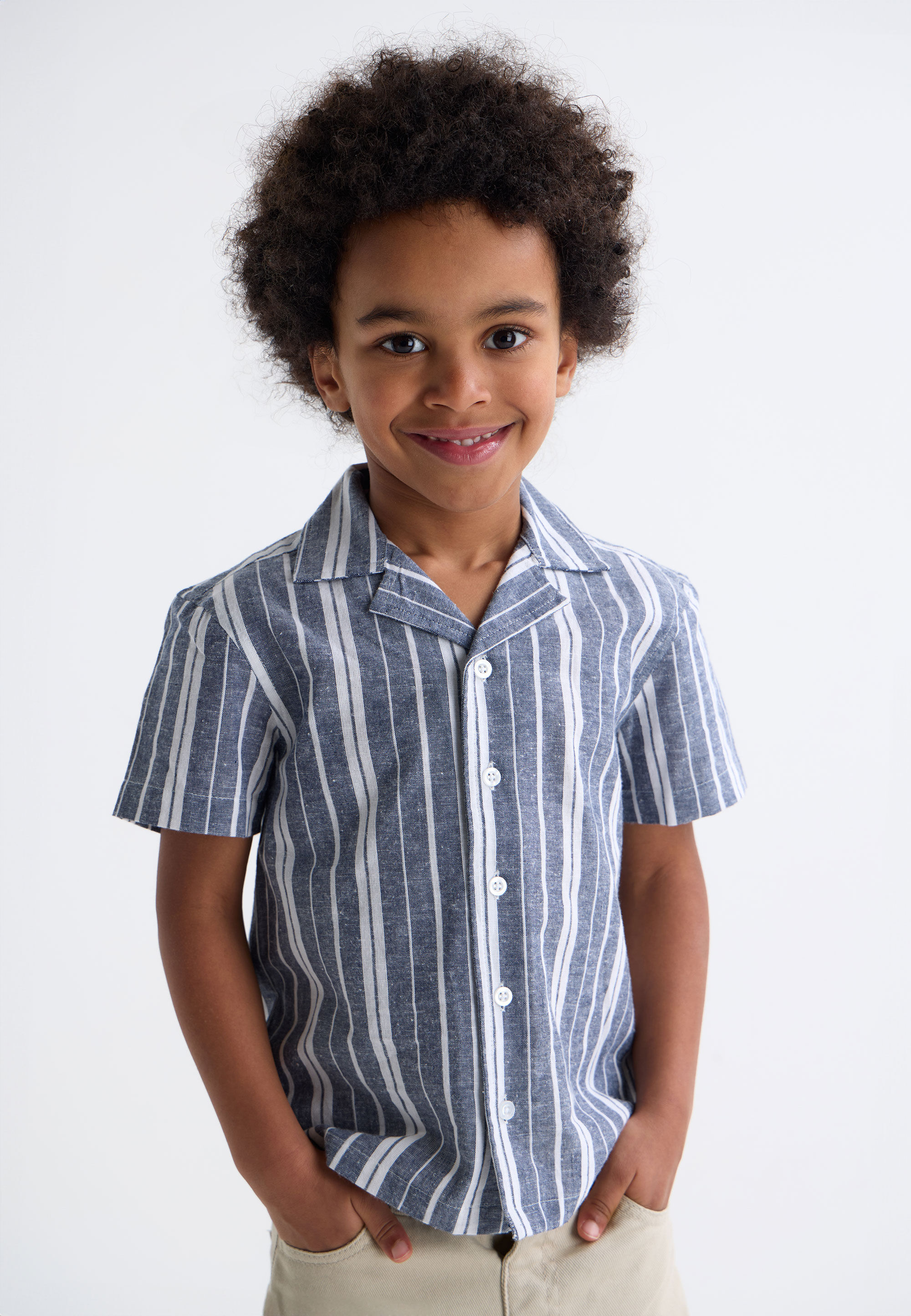 Younger Boys Navy Stripe Short Sleeve Shirt