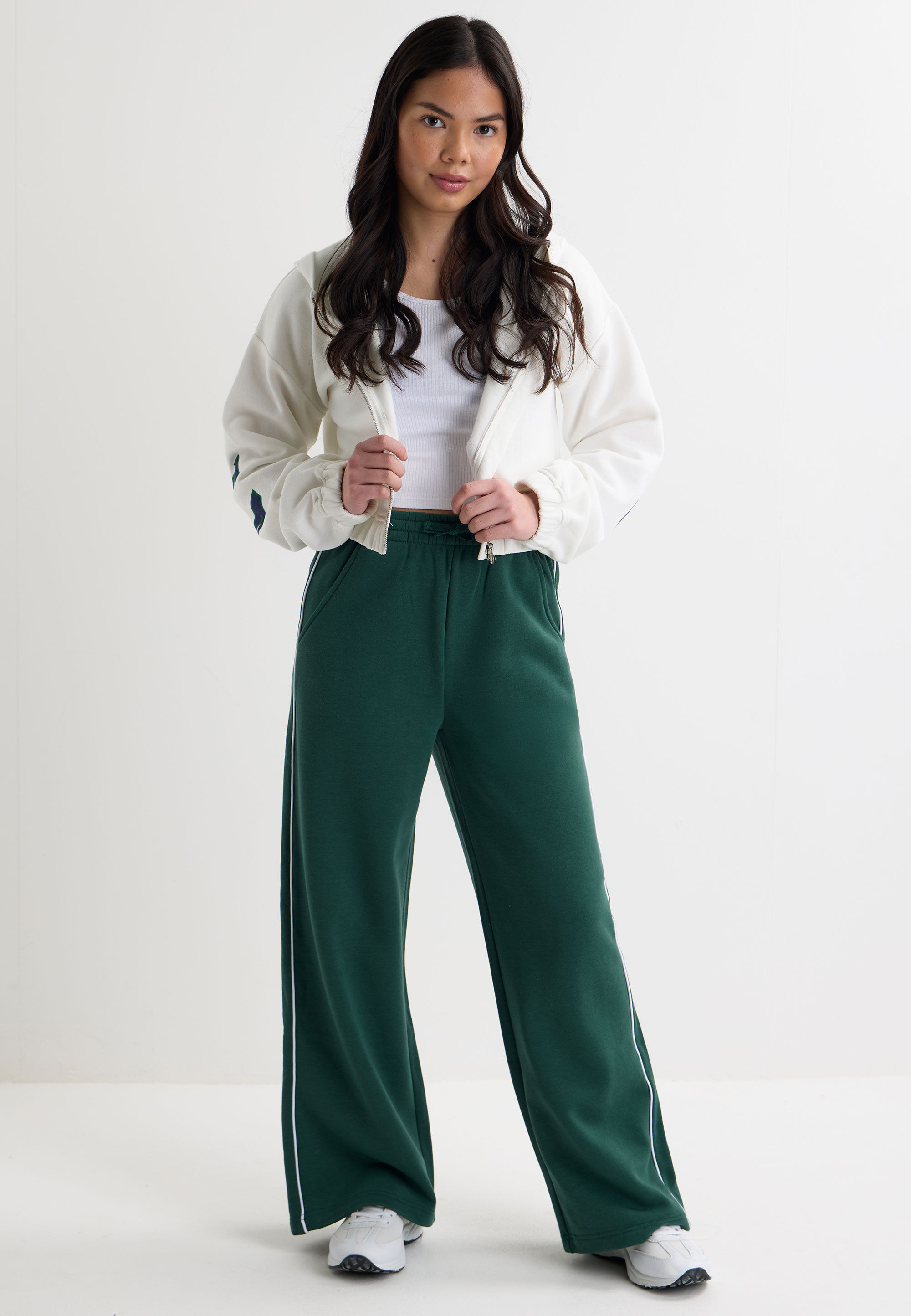 Older Girls Green & White Piped Wide Leg Joggers
