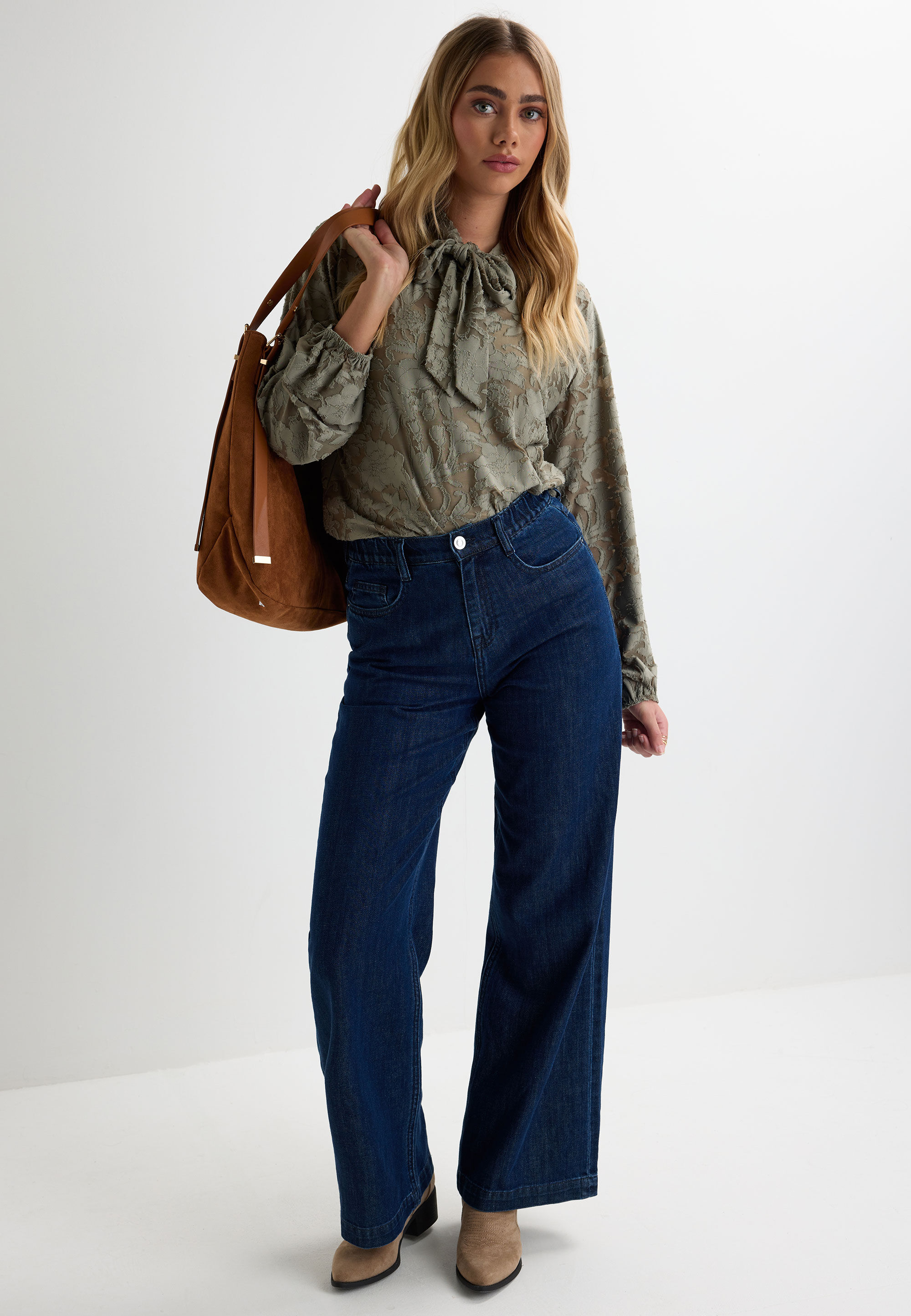 Womens Khaki Textured Pussy Bow Burnout Blouse