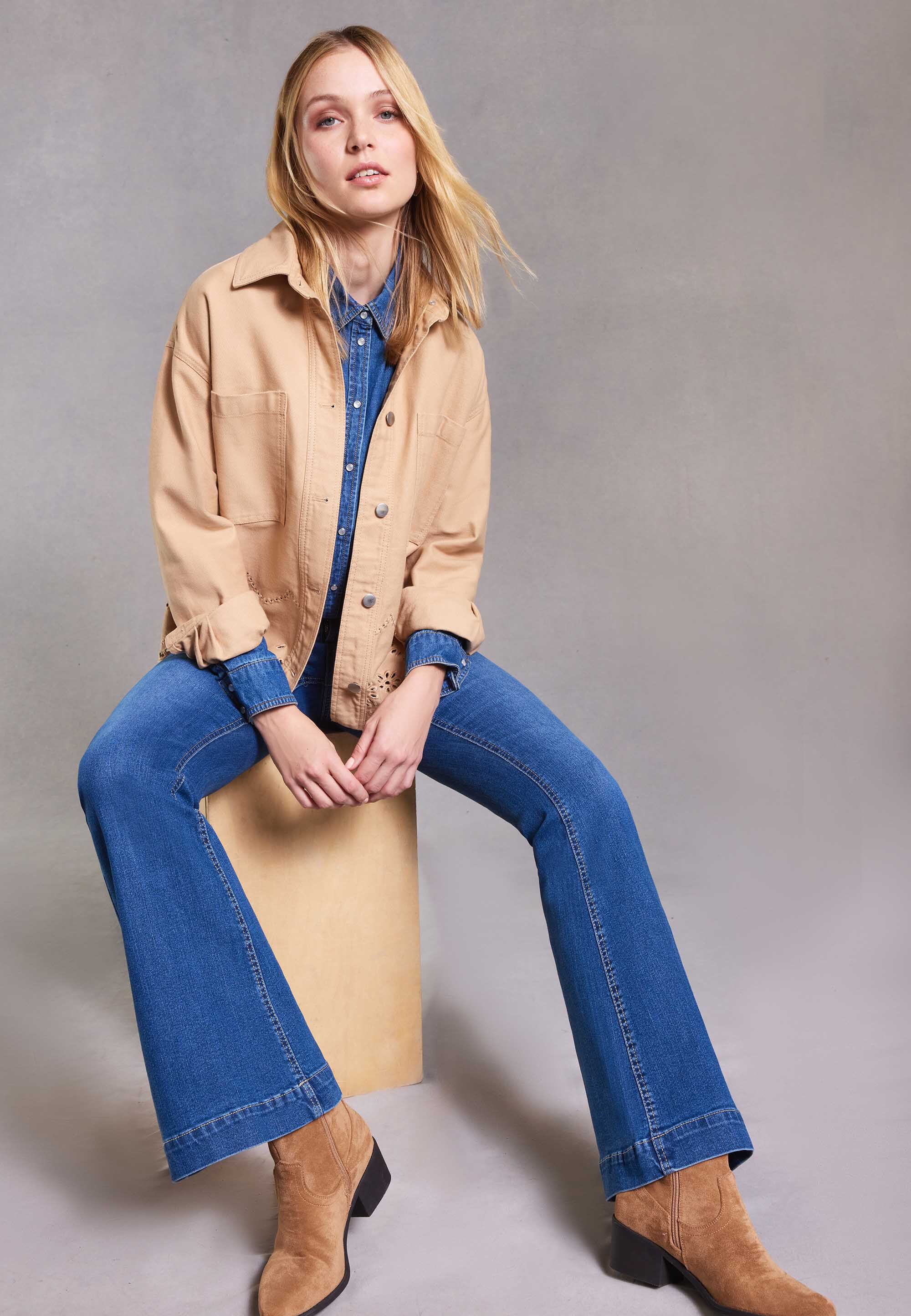 Womens Tan Twill Floral Laser Cut Jacket