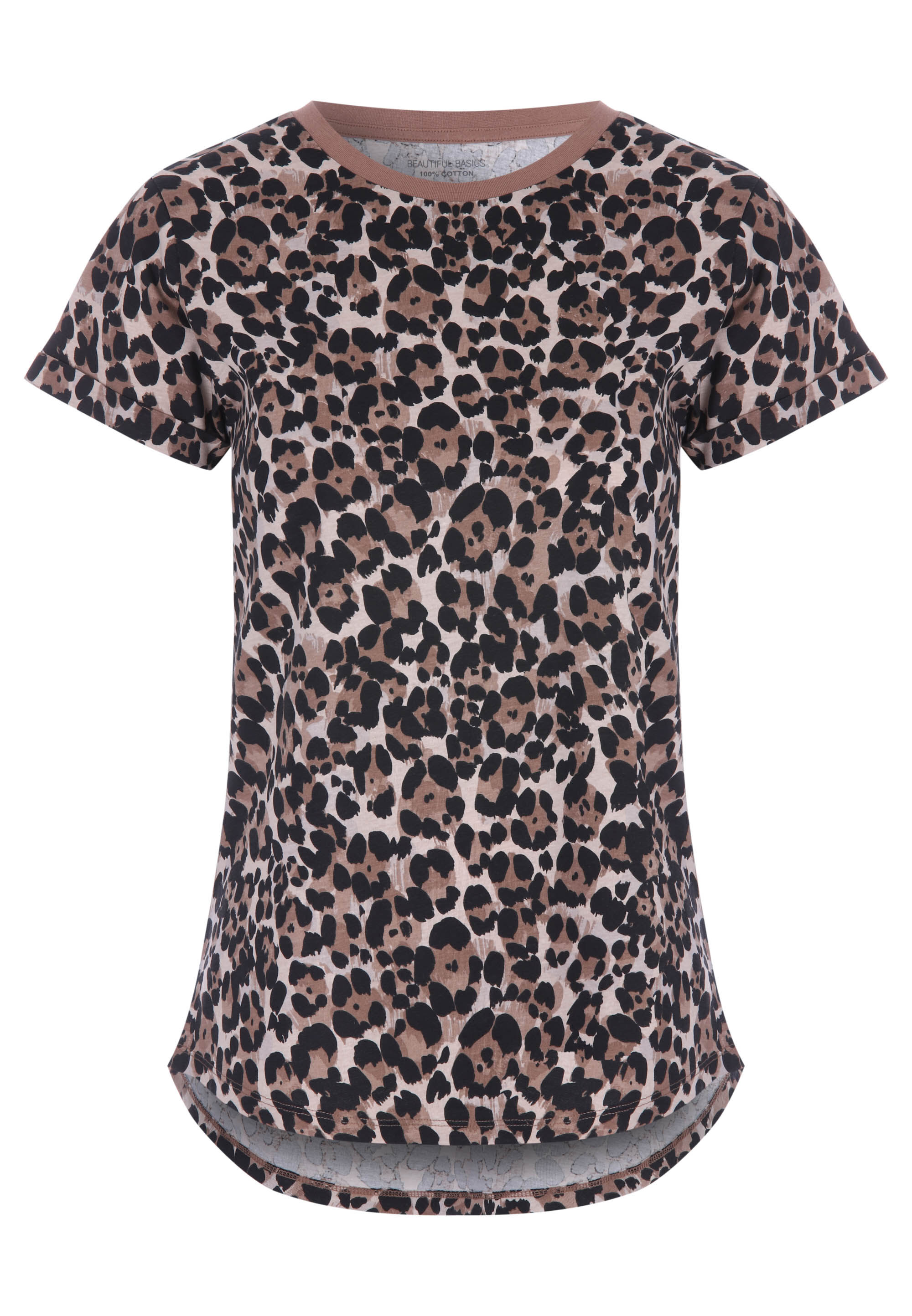 Womens Brown Animal Print Roll Sleeve T-Shirt