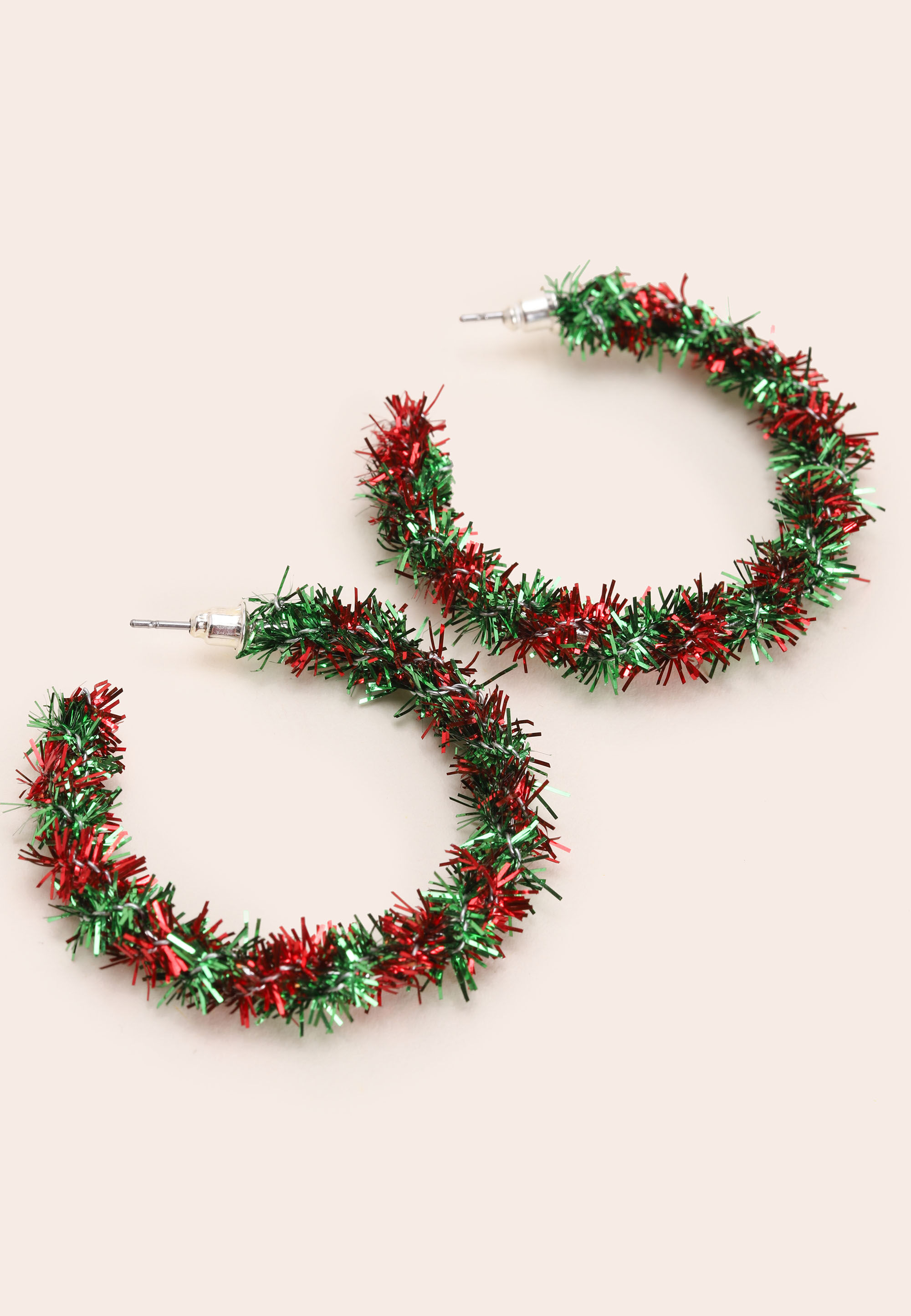 Womens Green & Red Christmas Tinsel Hoop Earrings