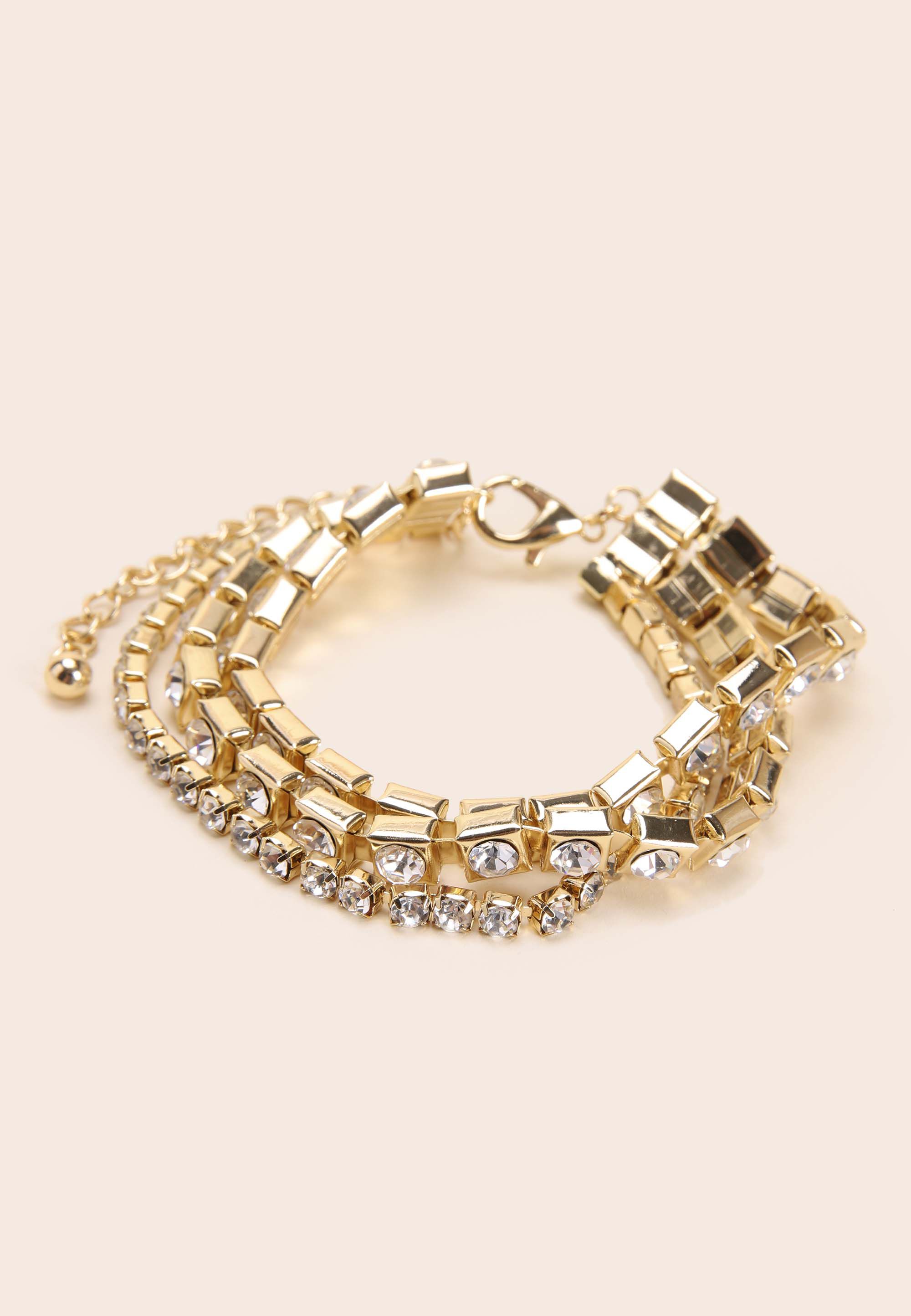 Womens Gold 3 Row Diamante Chain Bracelet