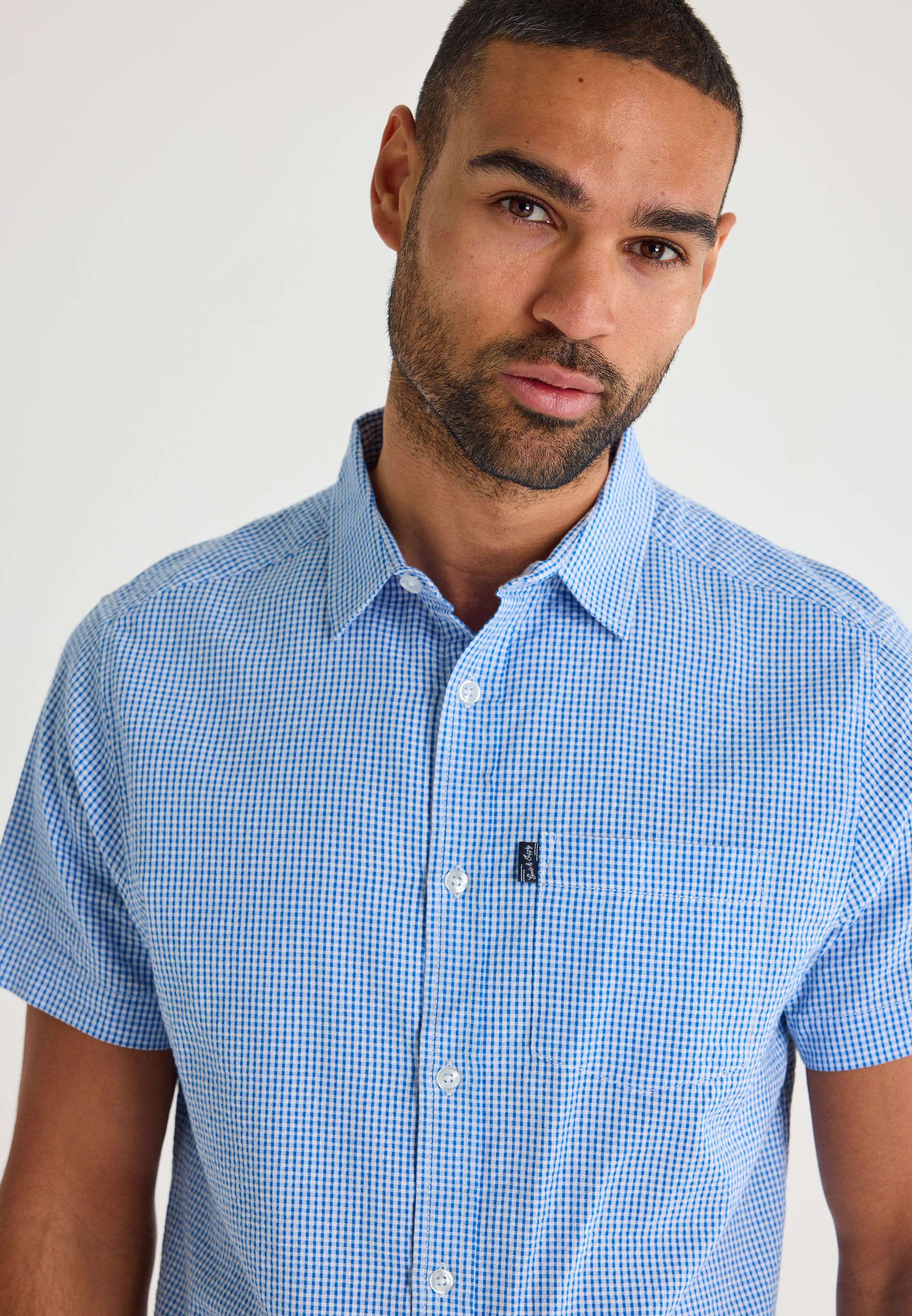Mens Blue Check Seesucker Cotton Shirt