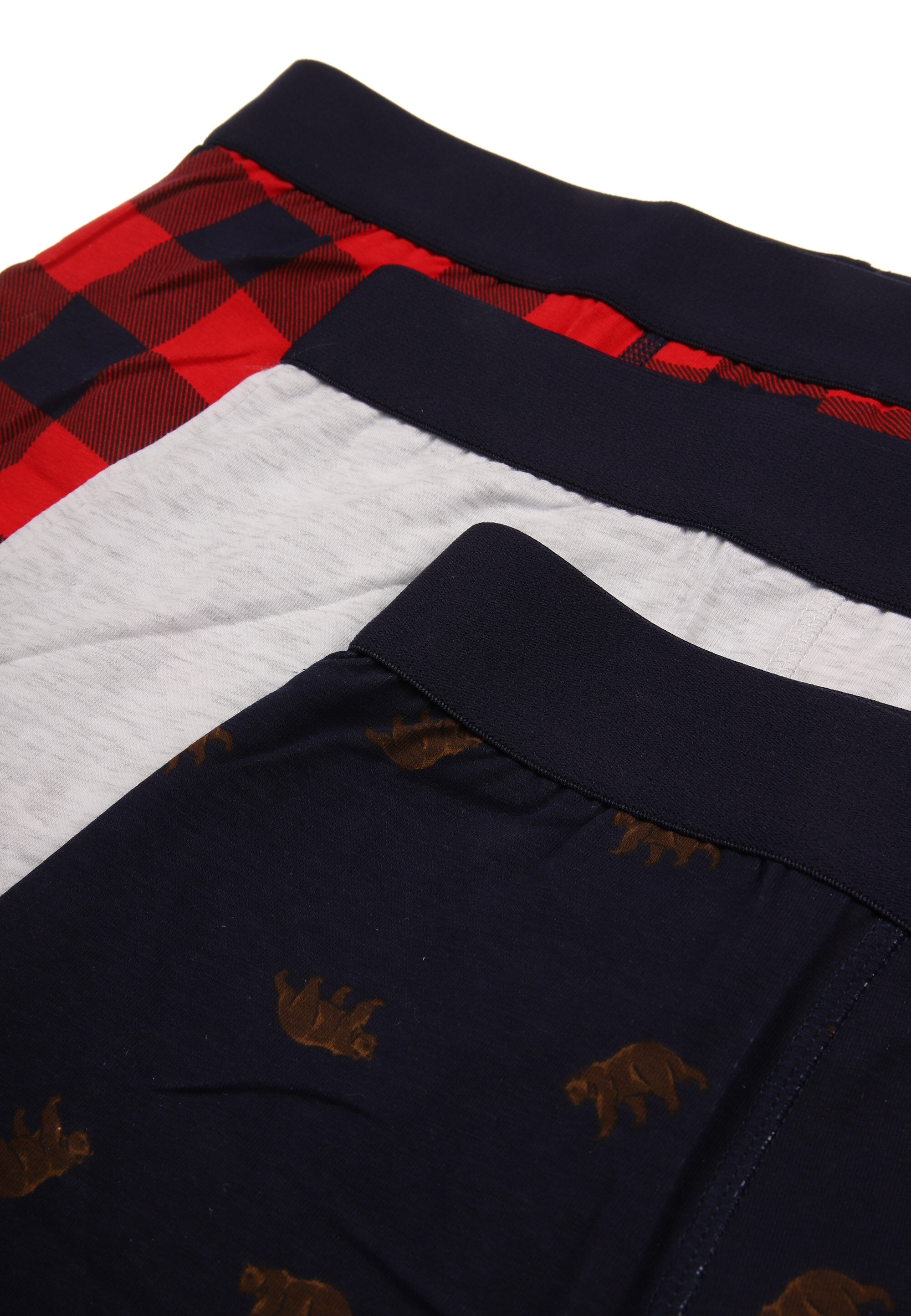 Mens 3pk Navy Bear & Red Check Hipster Stretch Trunks