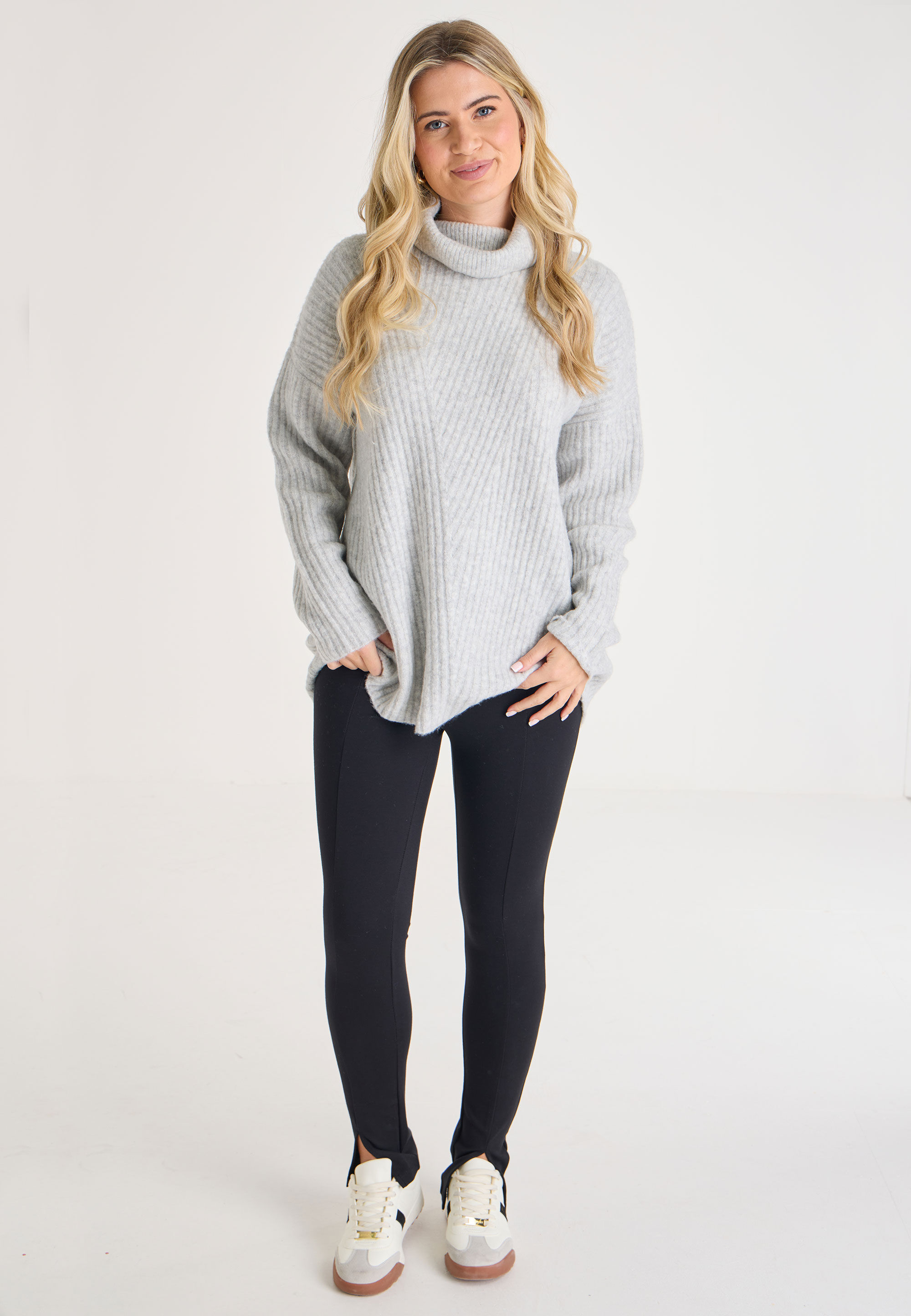 Womens Grey Plain Roll Neck Tunic Jumper