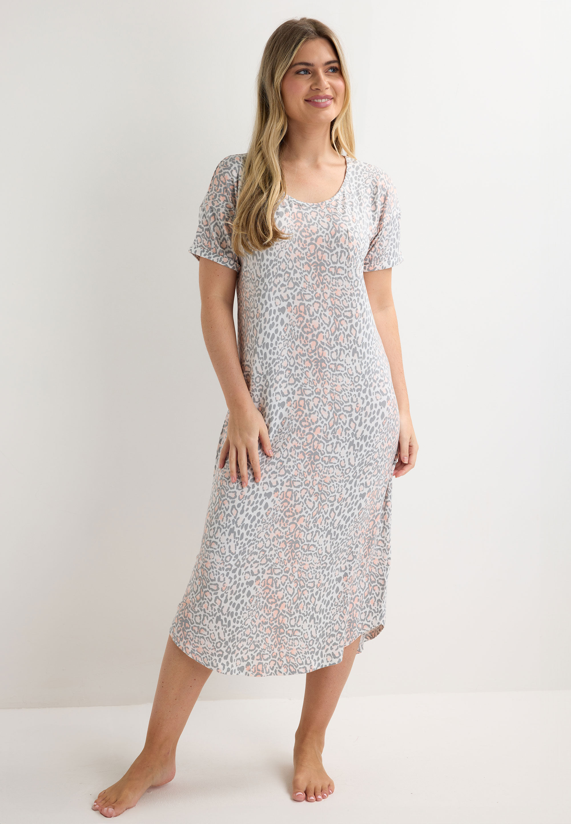 Womens Peach Leopard Print Soft Touch Nightdress