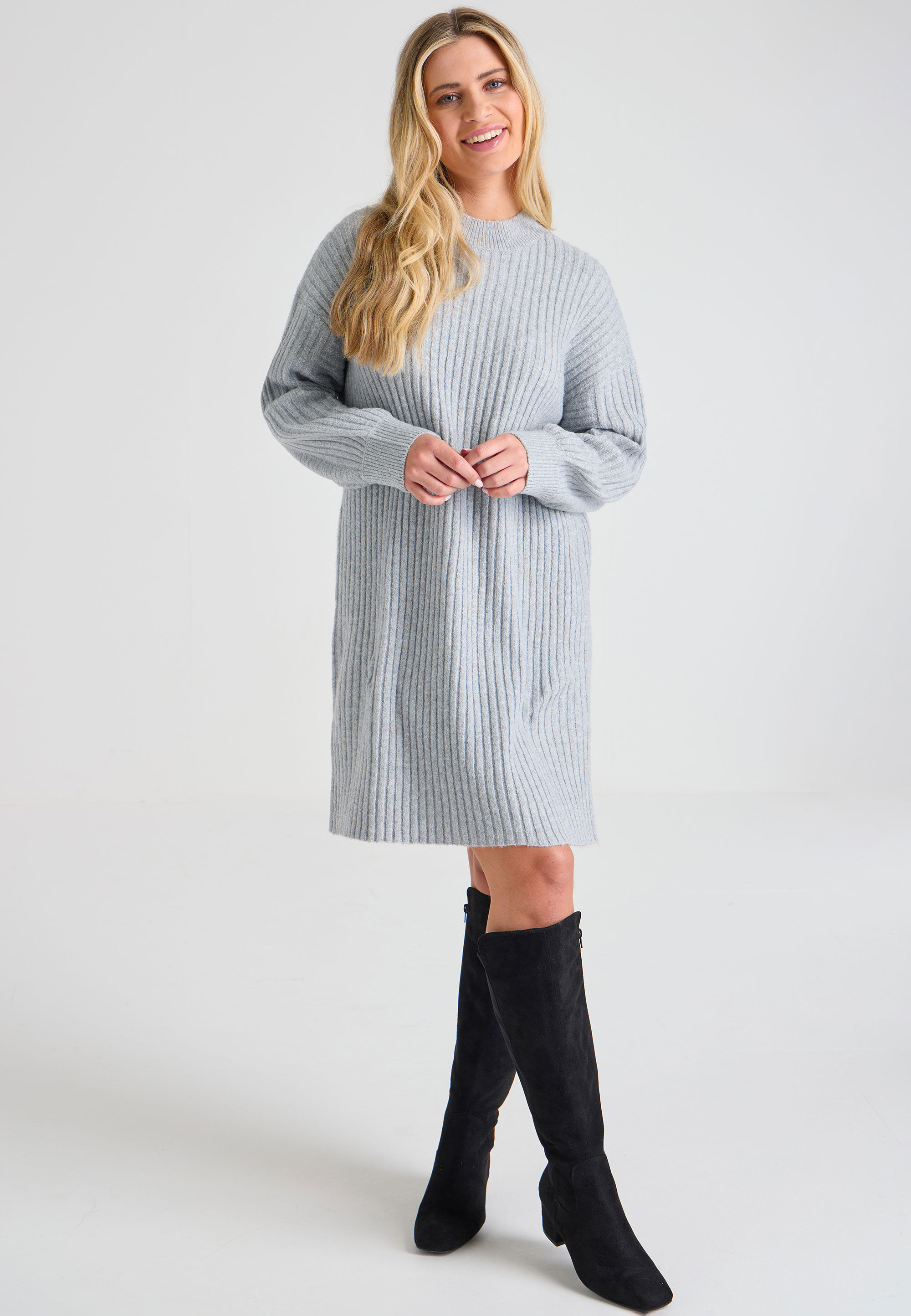 Womens Grey Ribbed Jumper Dress