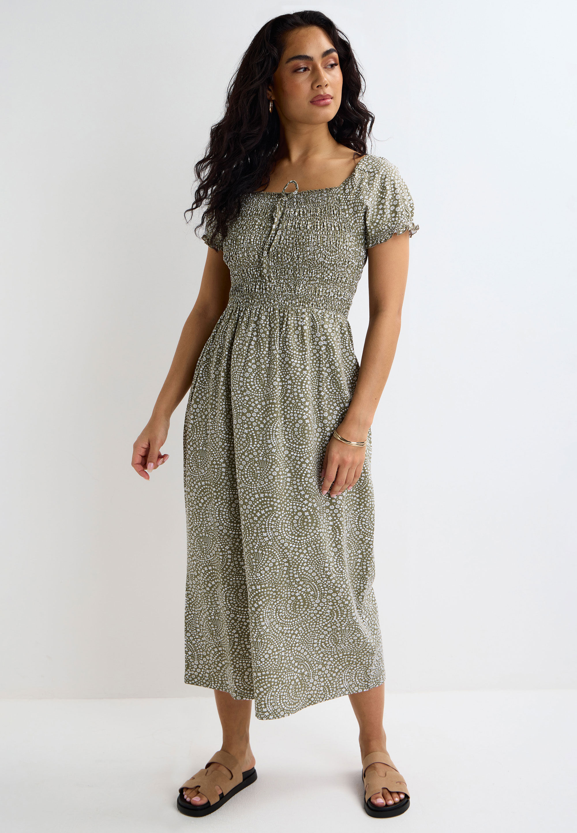 Womens Sage Floral Milkmaid Shirred Tie Detail Midi Dress