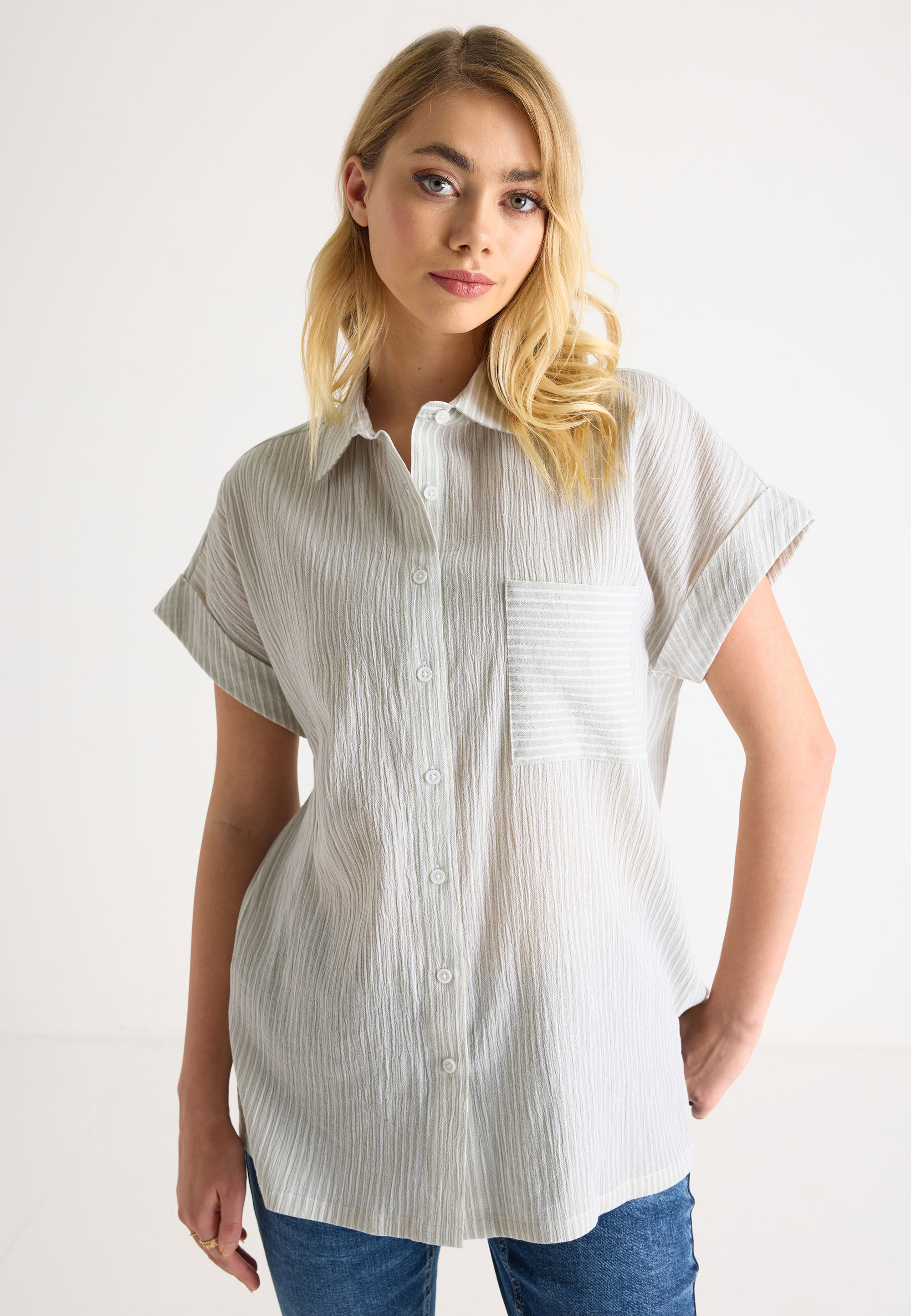 Womens Sage Stripe Short Sleeve Shirt