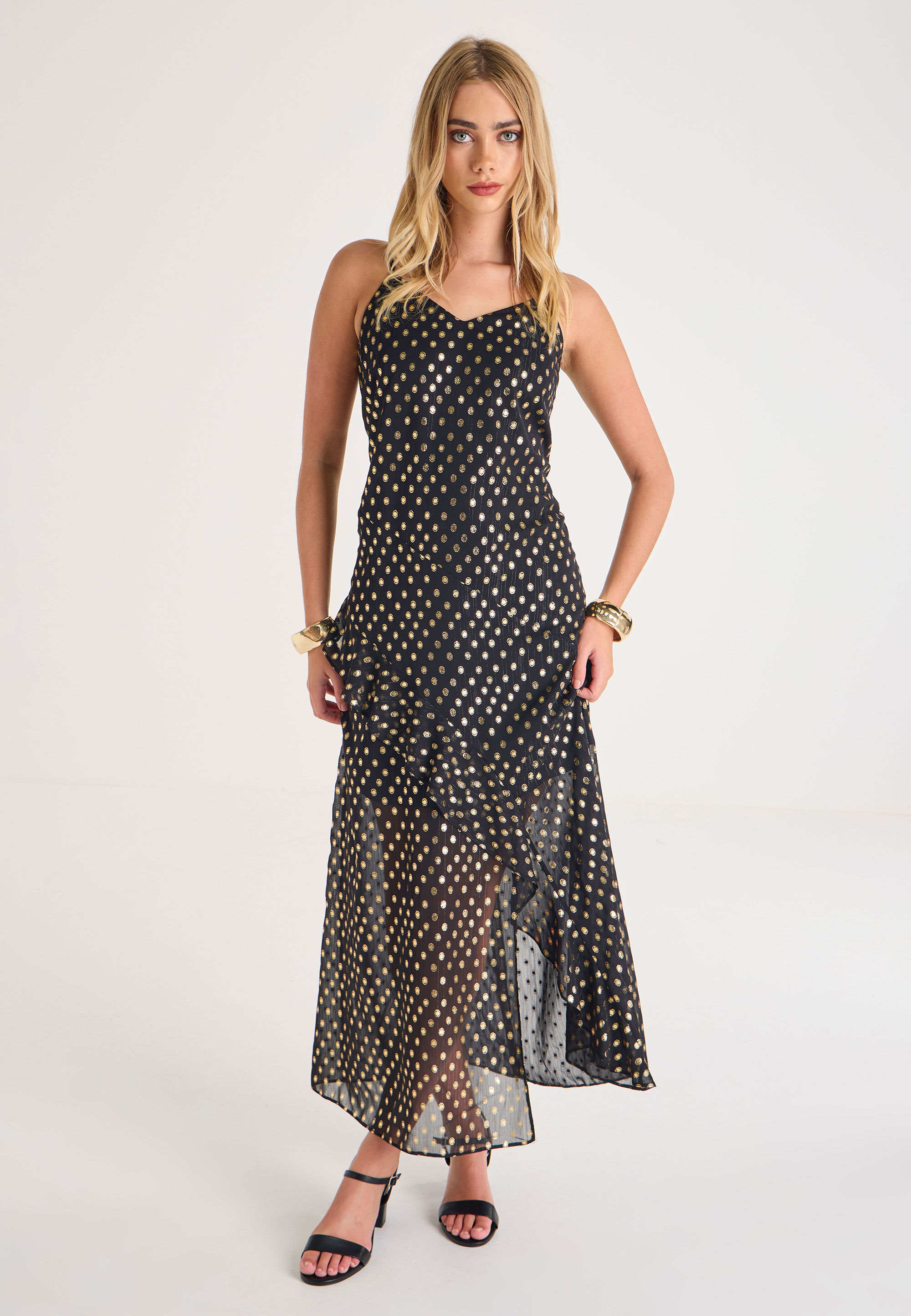 Womens Black & Gold Spot Strappy Dress