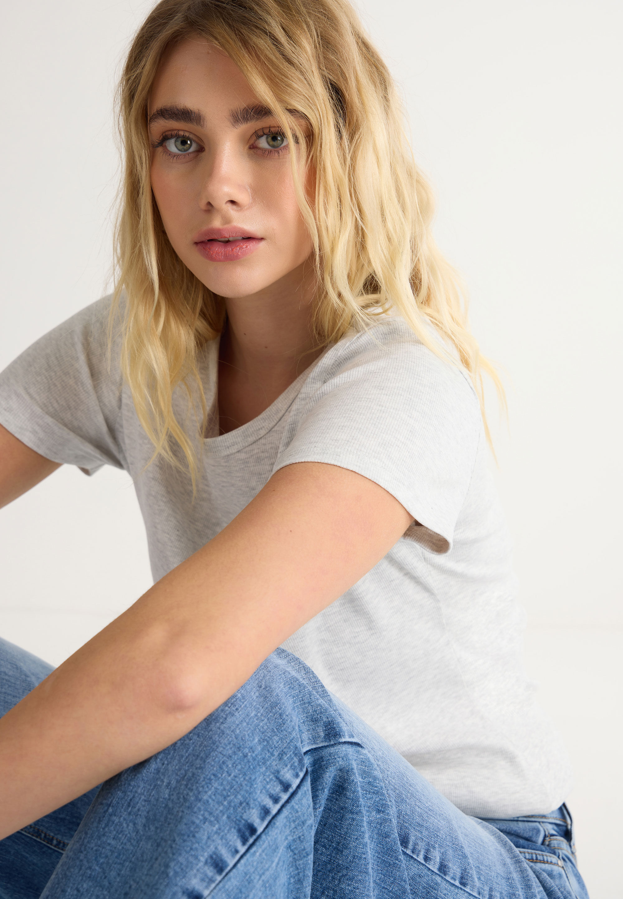 Womens Light Grey Crew Rib Tee