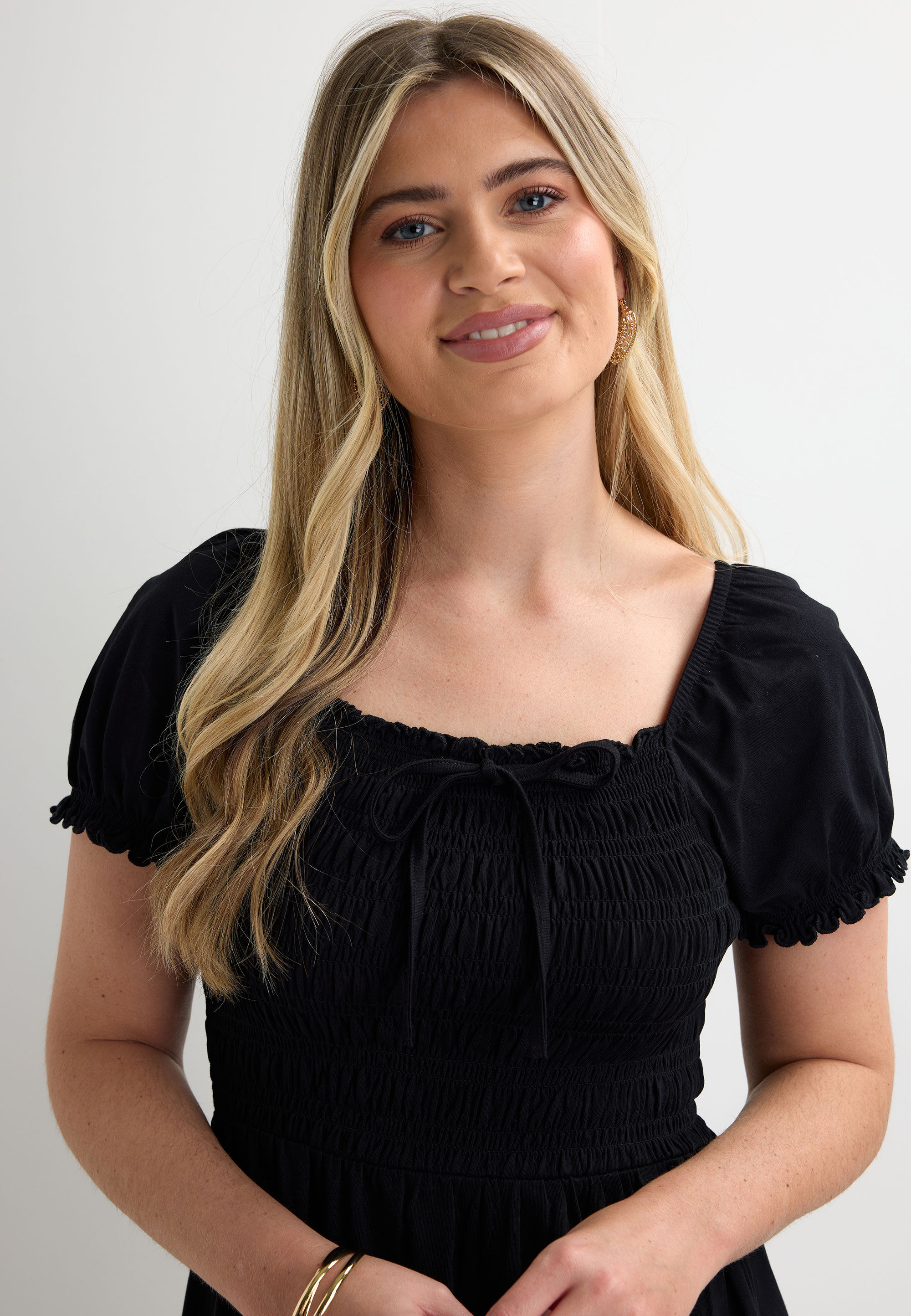 Womens Black Shirred Milkmaid Tie Detail Midi Dress