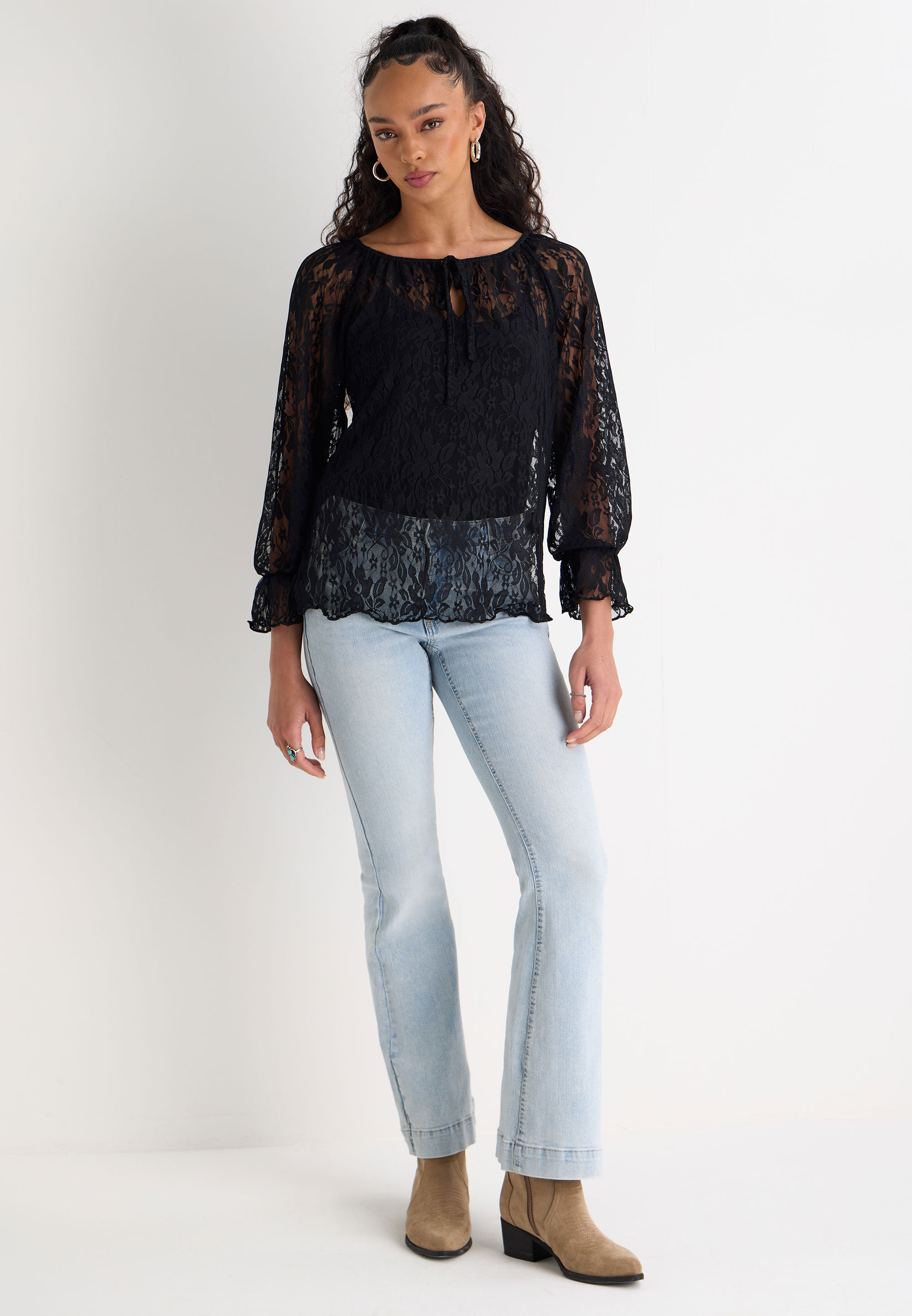 Womens Black Lace Tie Neck Top