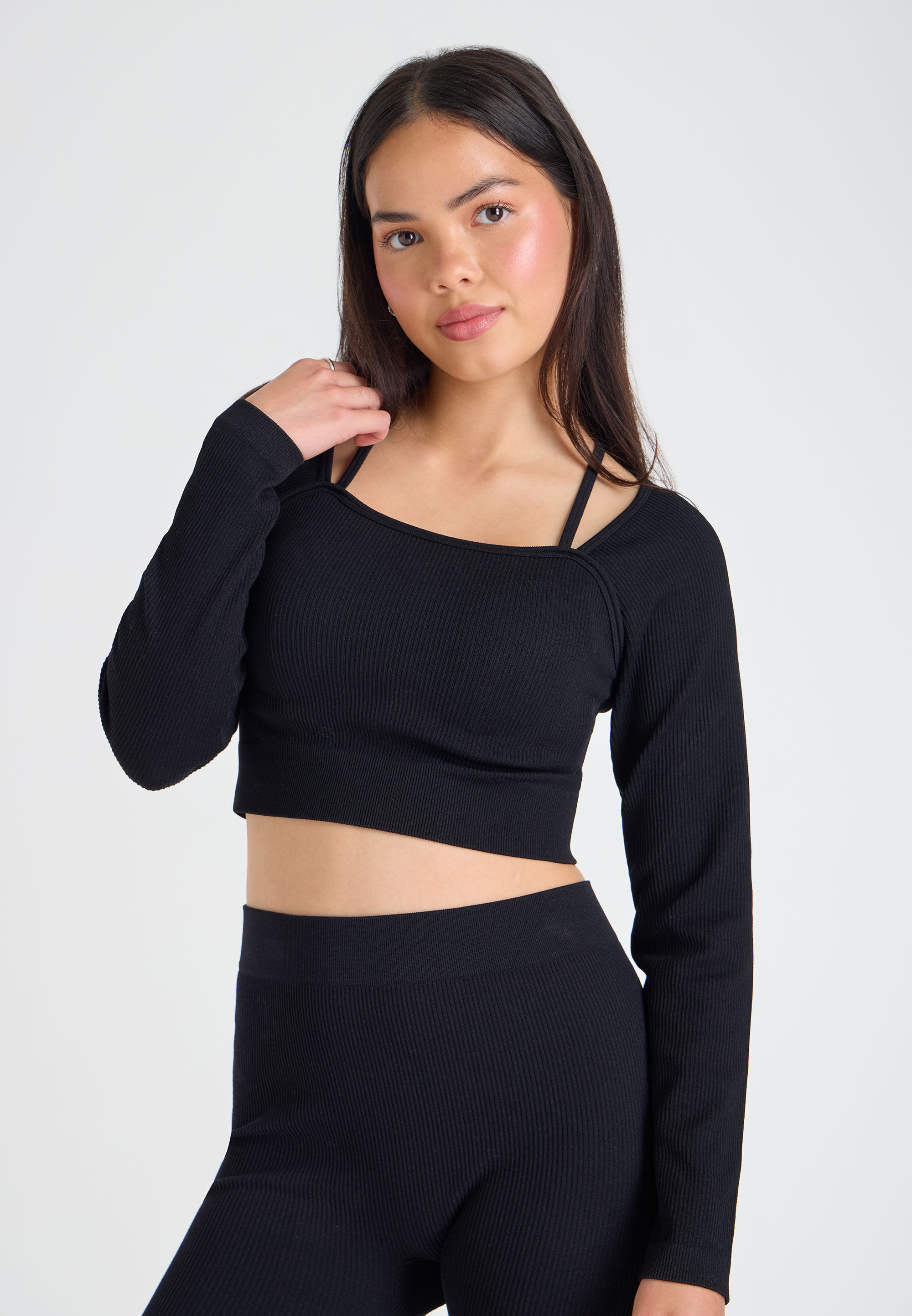 Older Girls Black 2-in-1 Seamless Top