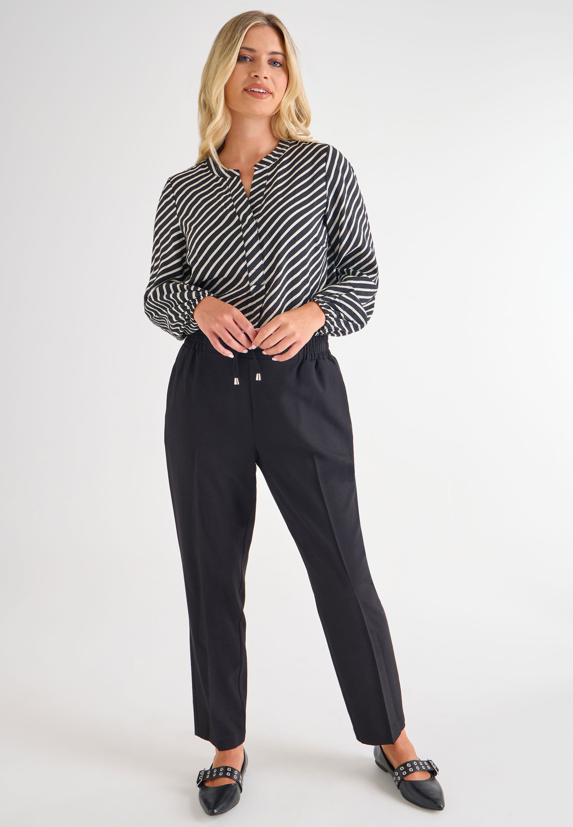 Womens Black & Cream Stripe Overhead Blouse