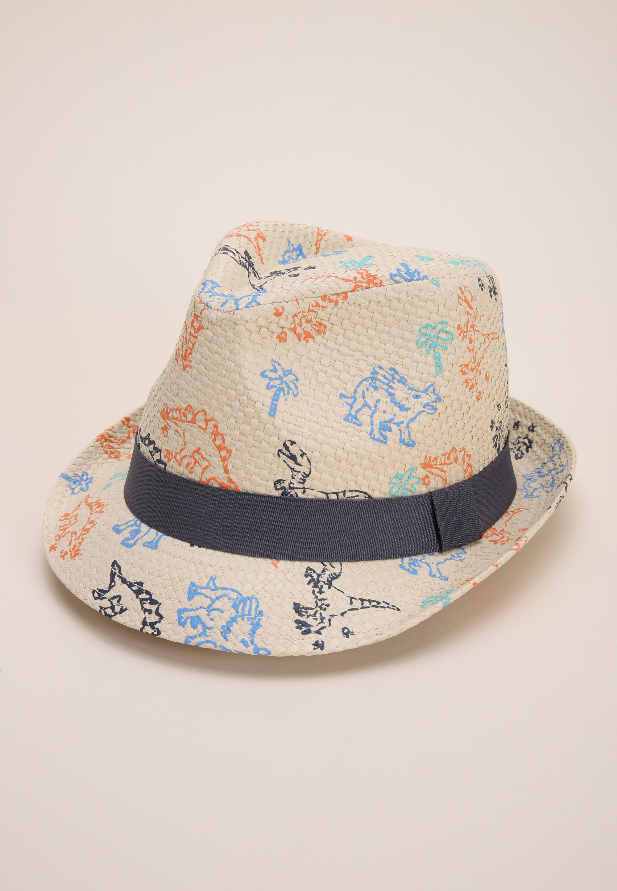 Younger Boys Natural Dinosaur Print Fedora Hat