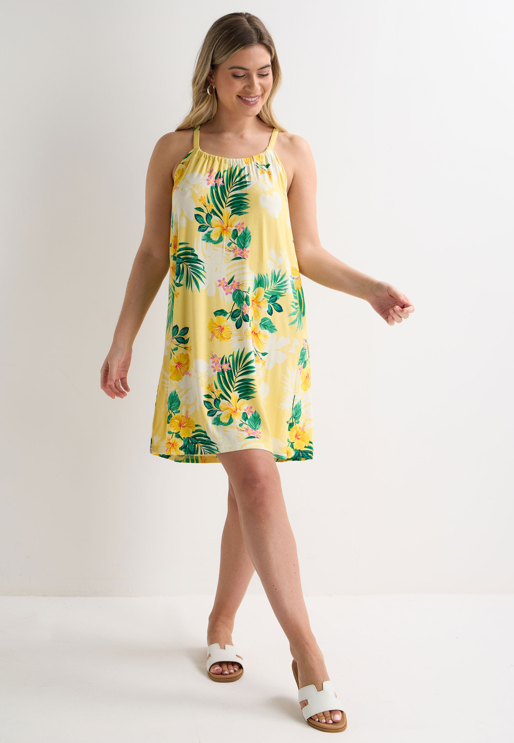 Womens Yellow Floral & Leaf Print Beach Dress