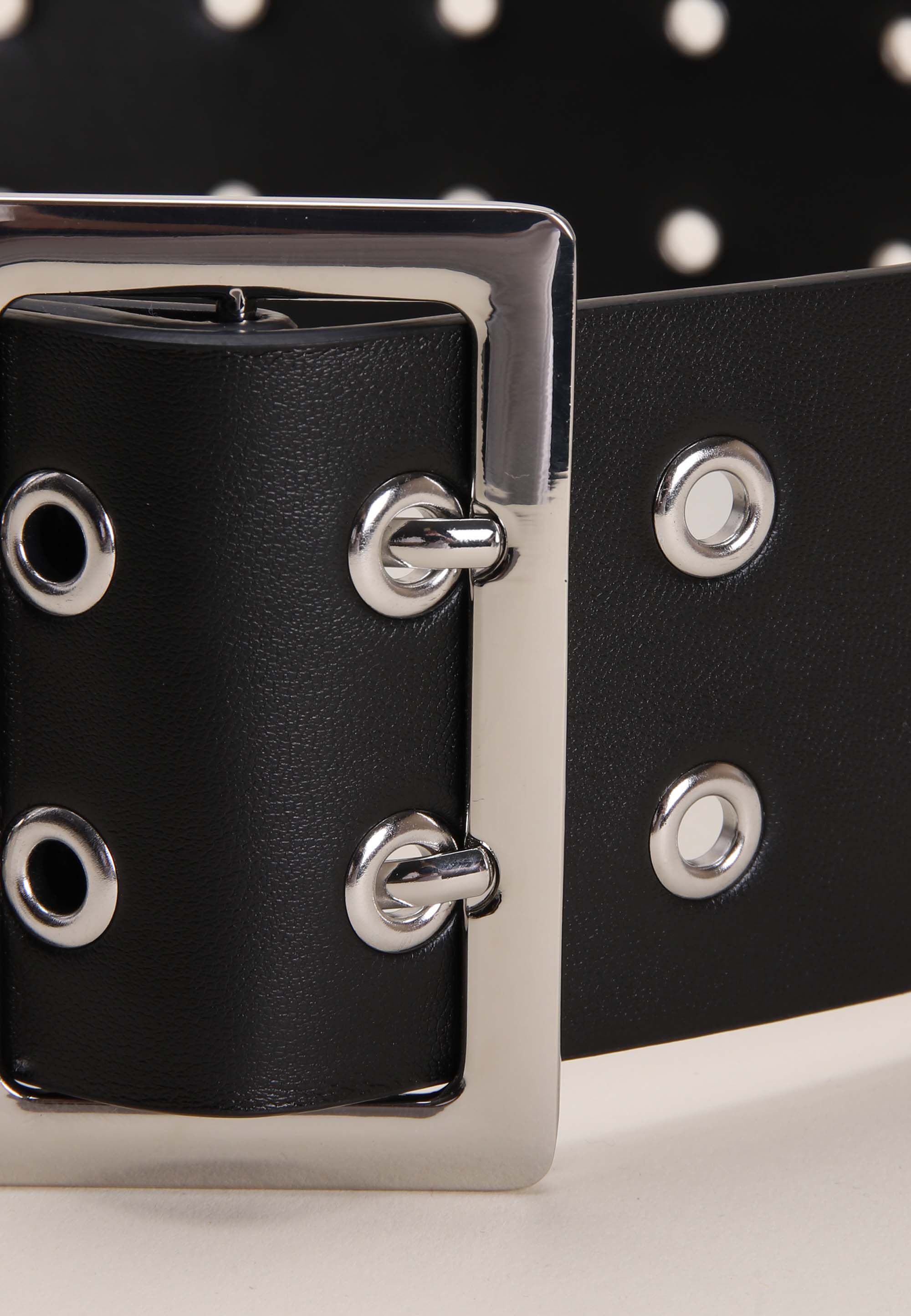 Womens Black & Silver Wide Eyelet Belt