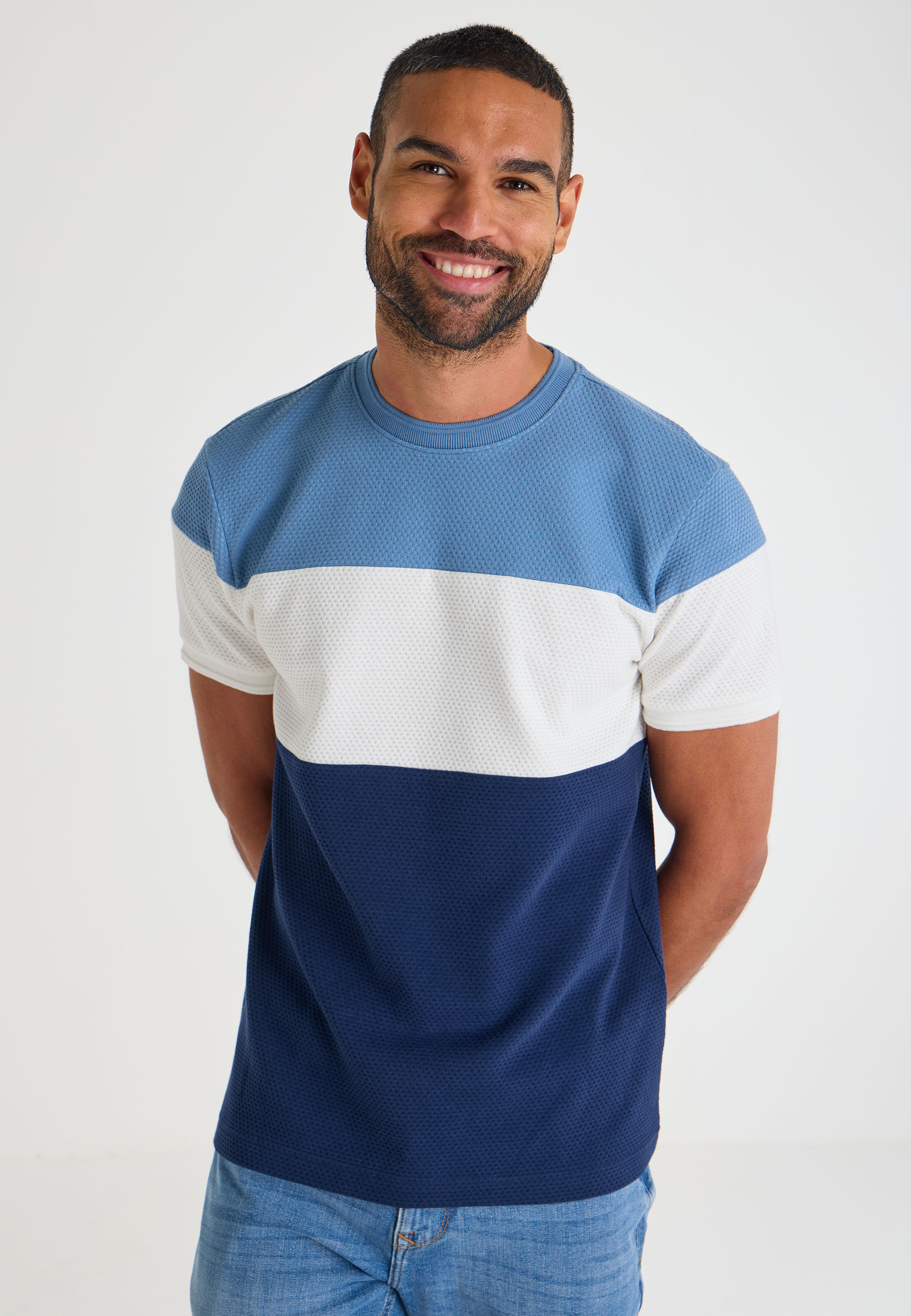 Mens Blue Colour Block Textured T-Shirt