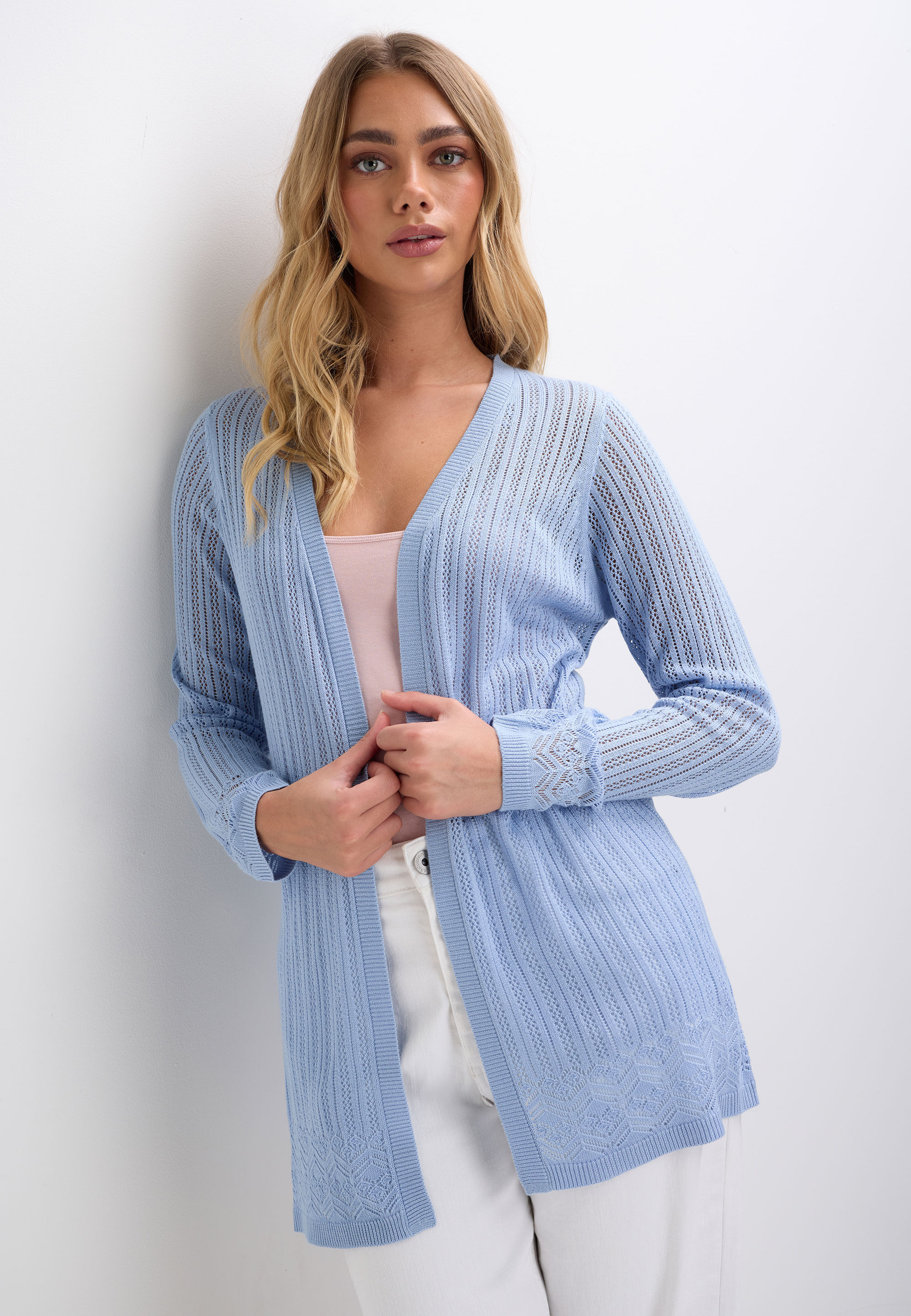 Womens Blue Pointelle Longline Cardigan