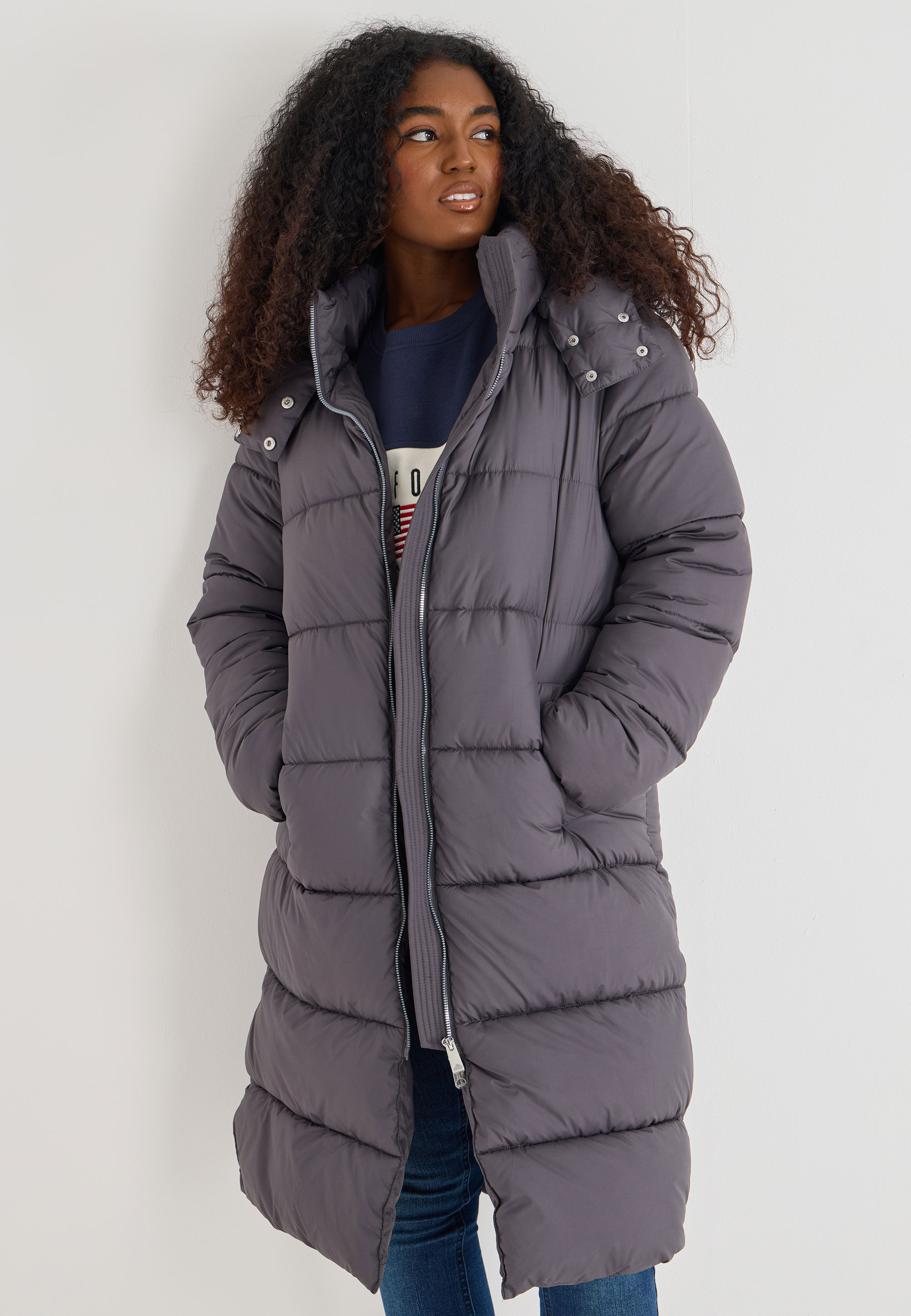 Womens Charcoal Longline Padded Coat