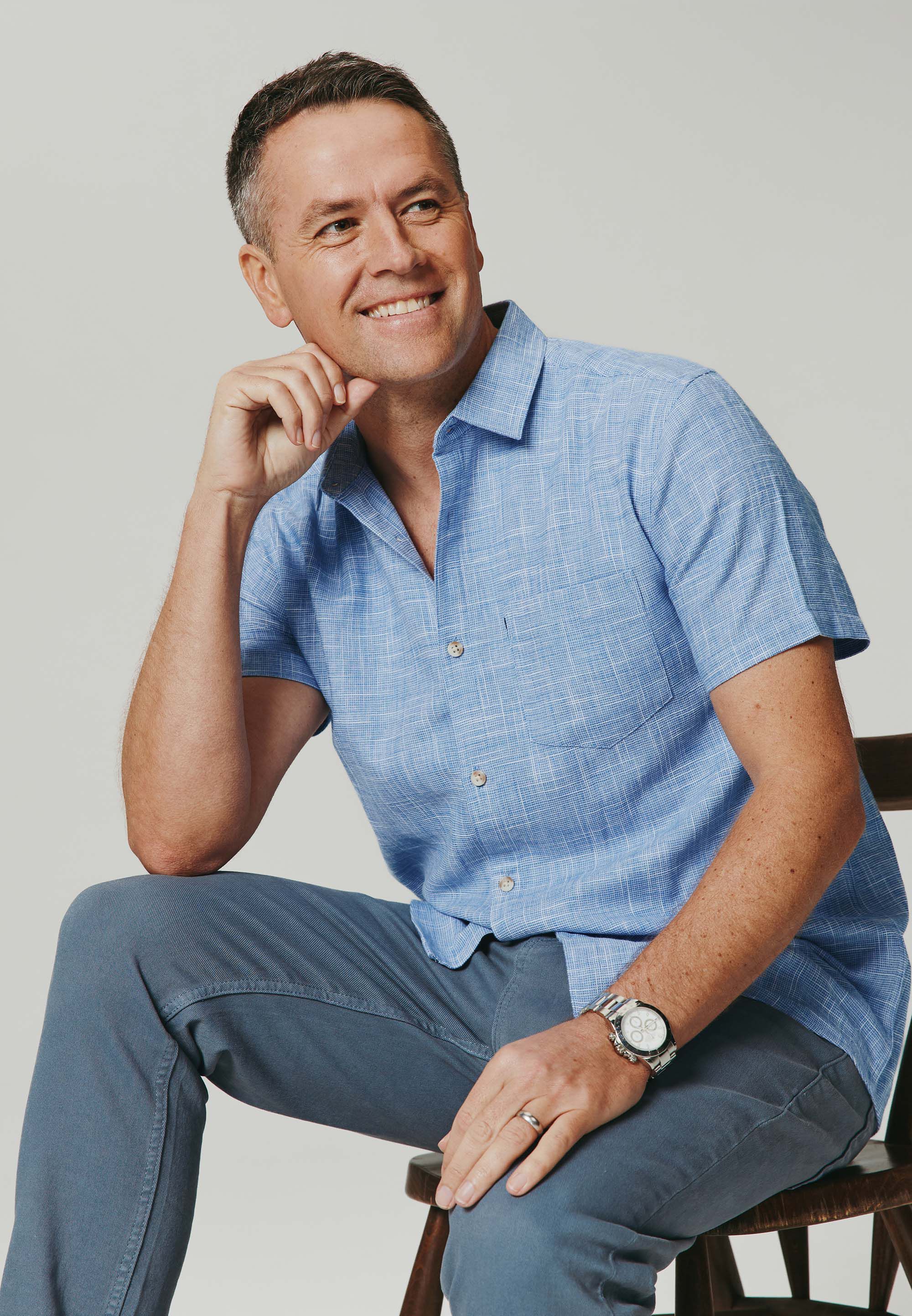 Mens Blue Slub Textured Short Sleeve Shirt