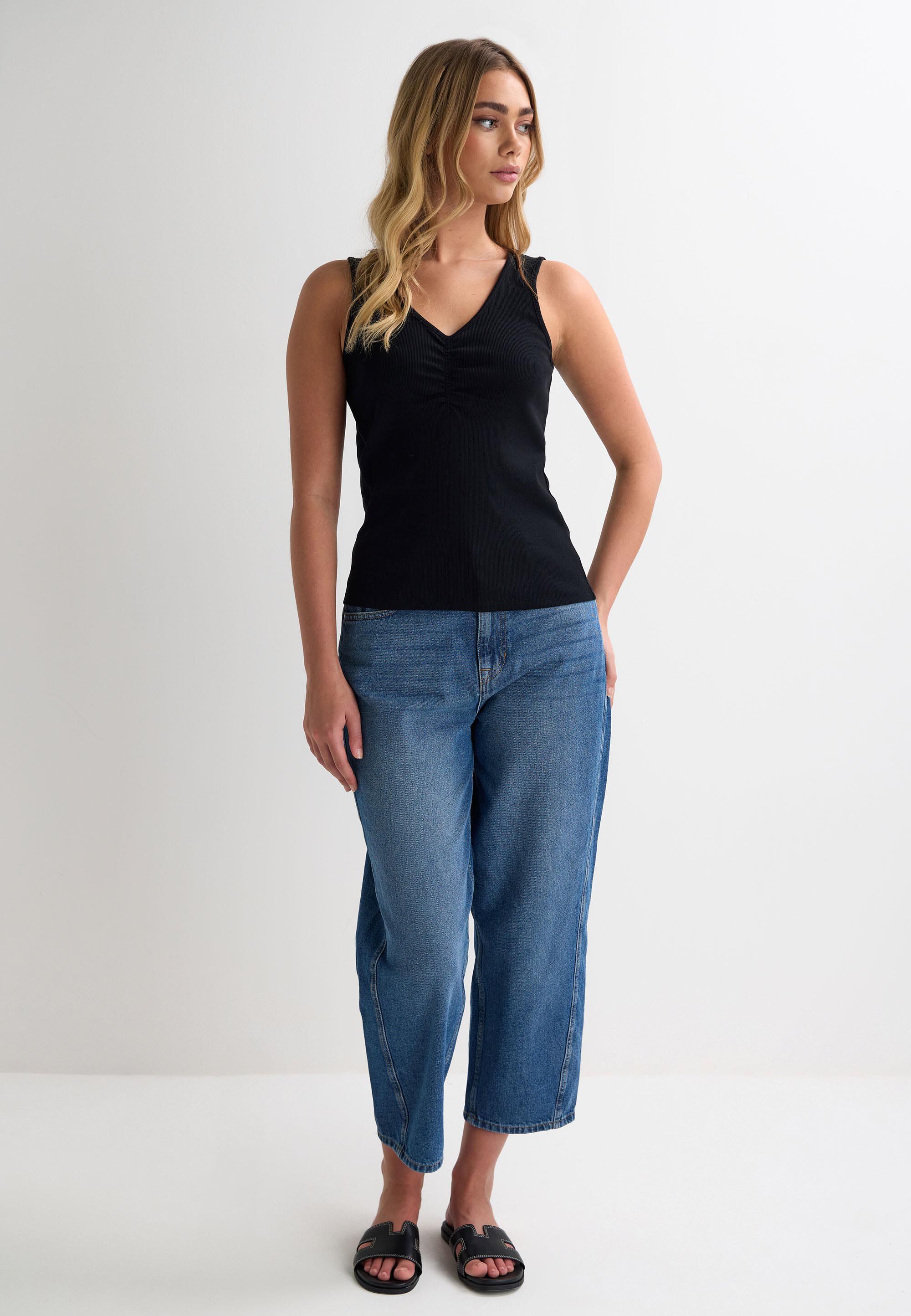 Womens Black Plain Ruched Front Vest Top