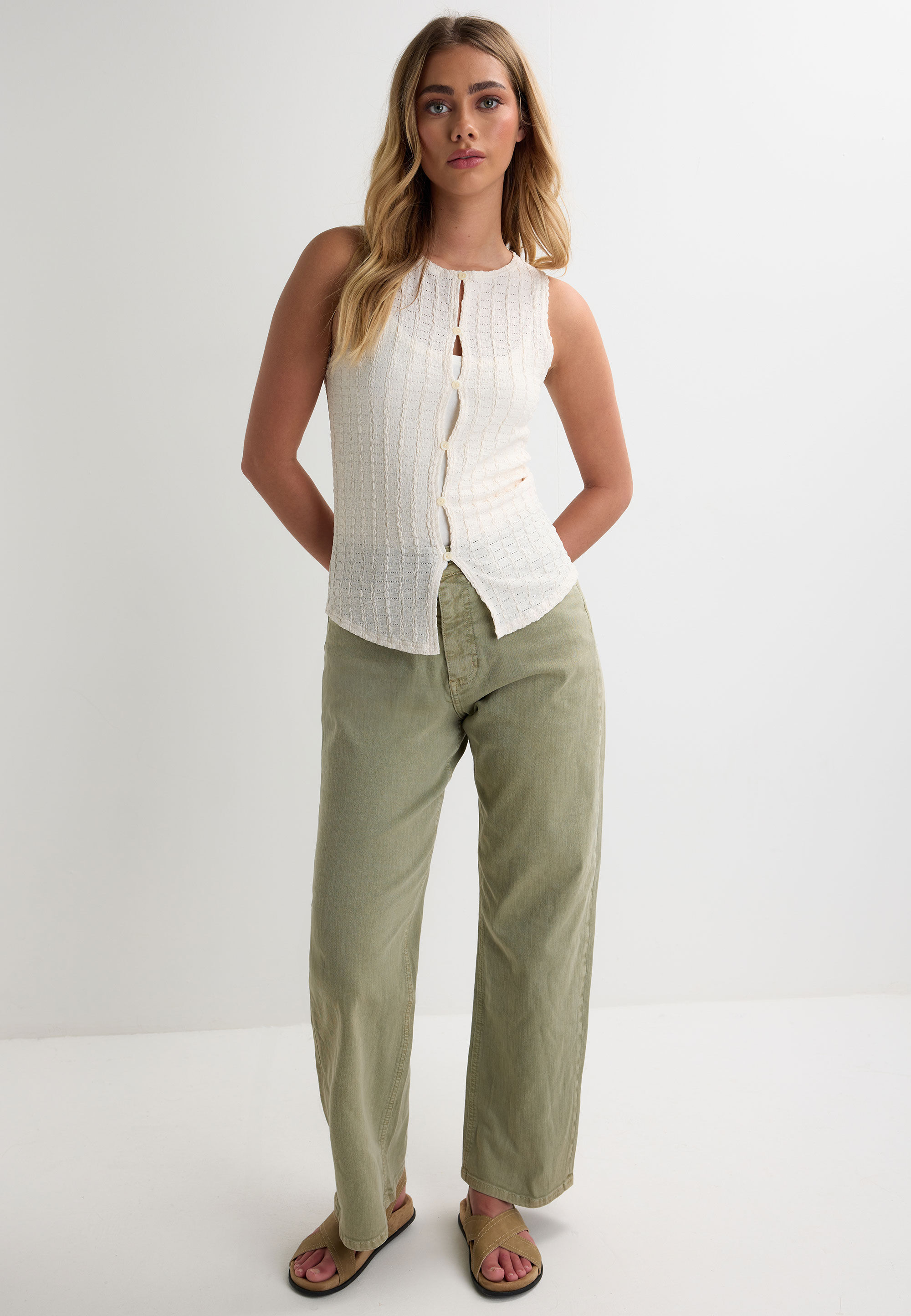 Womens Cream Textured Button Front Top