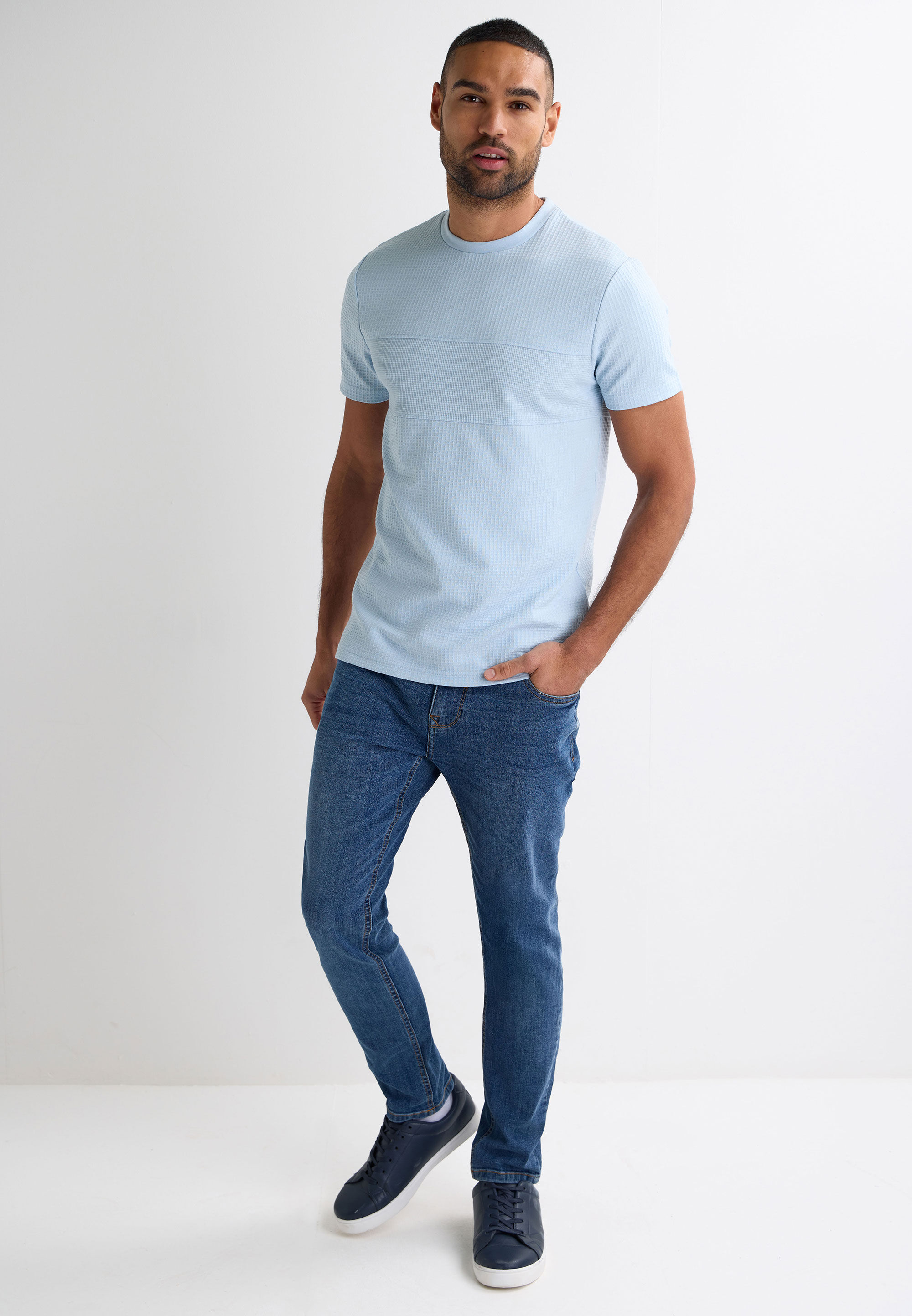 Mens Blue Textured Crew Neck T-Shirt