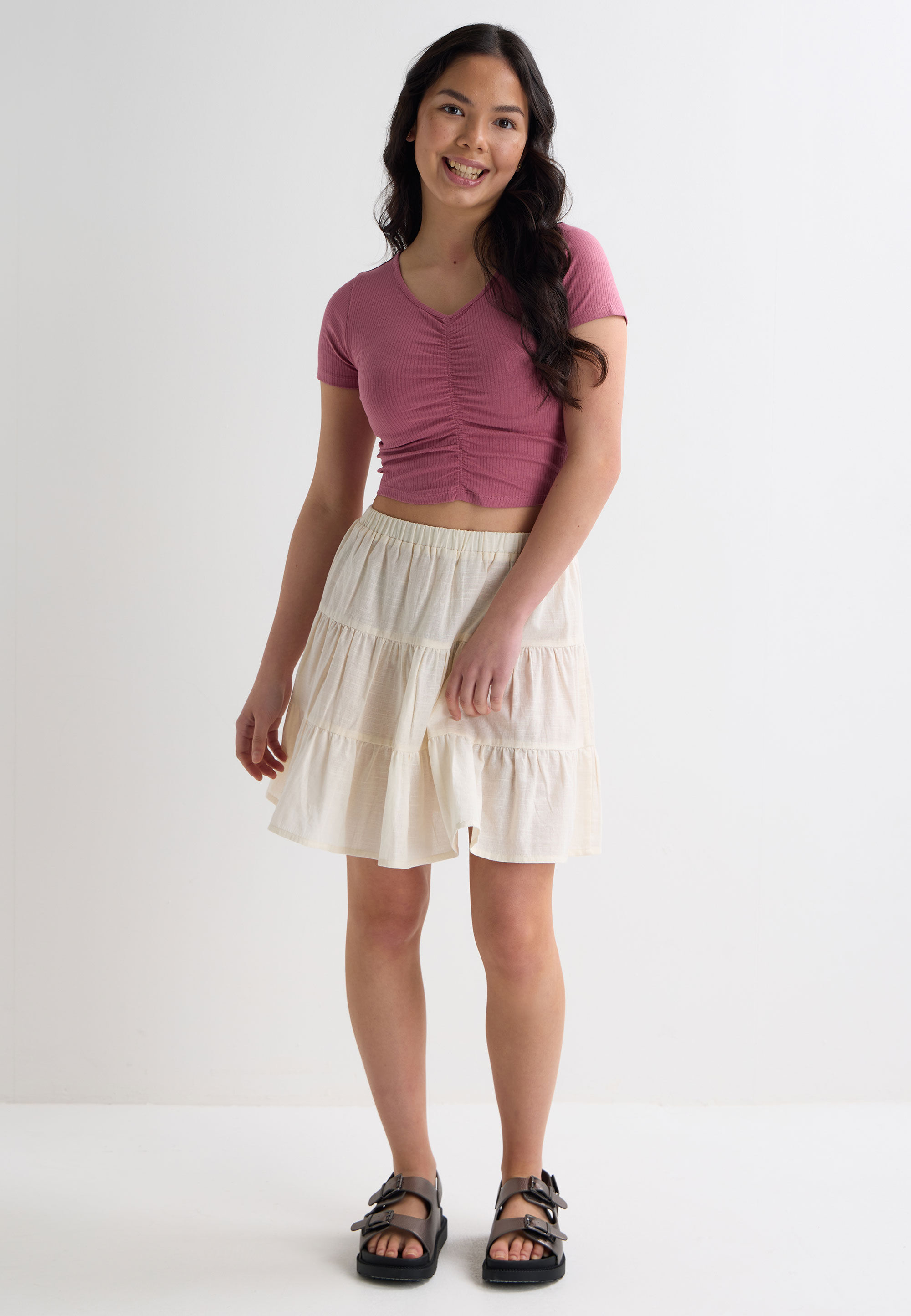 Older Girls Pink Ruched Crop Top