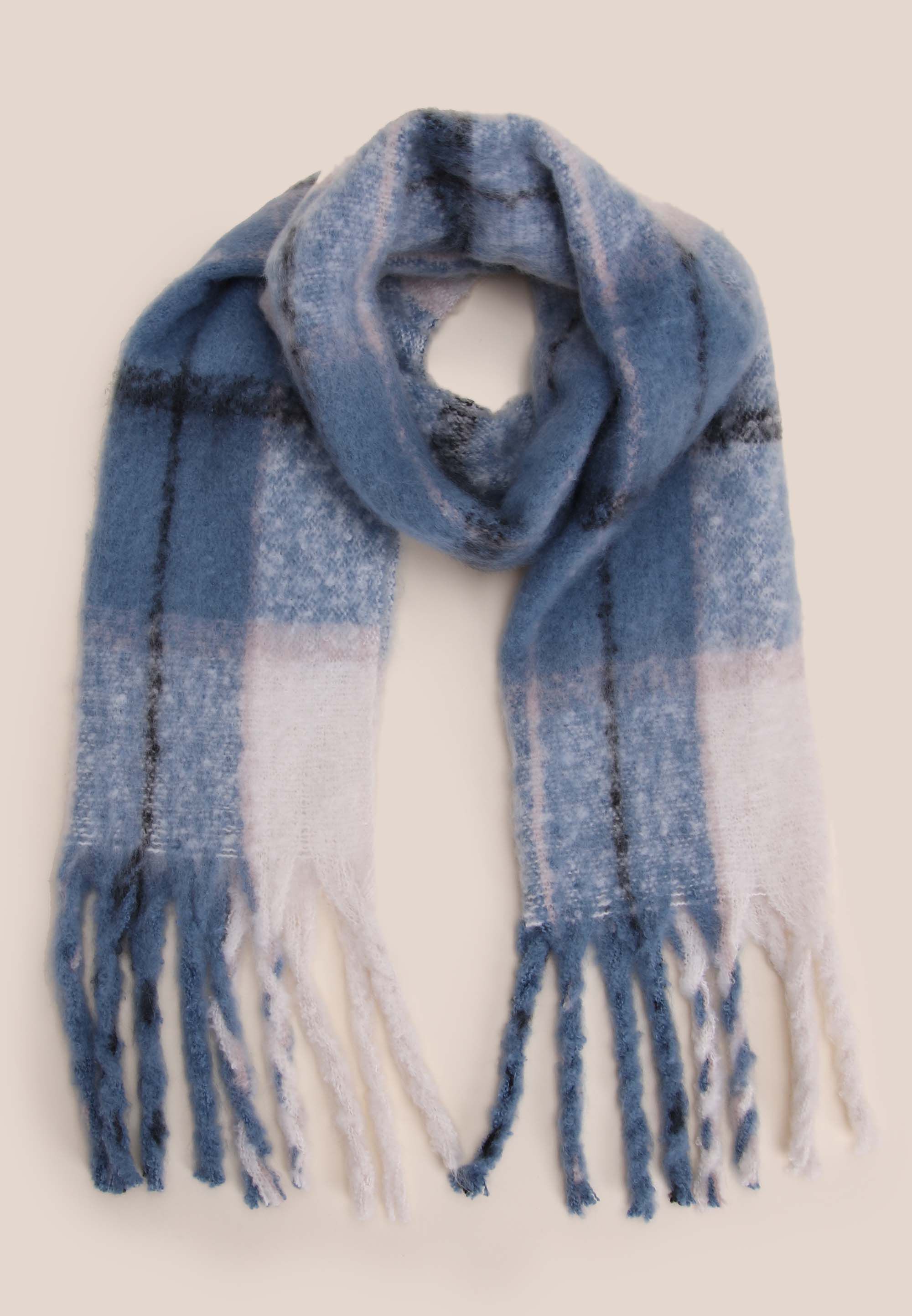 Older Girls Blue Check Fringe Scarf