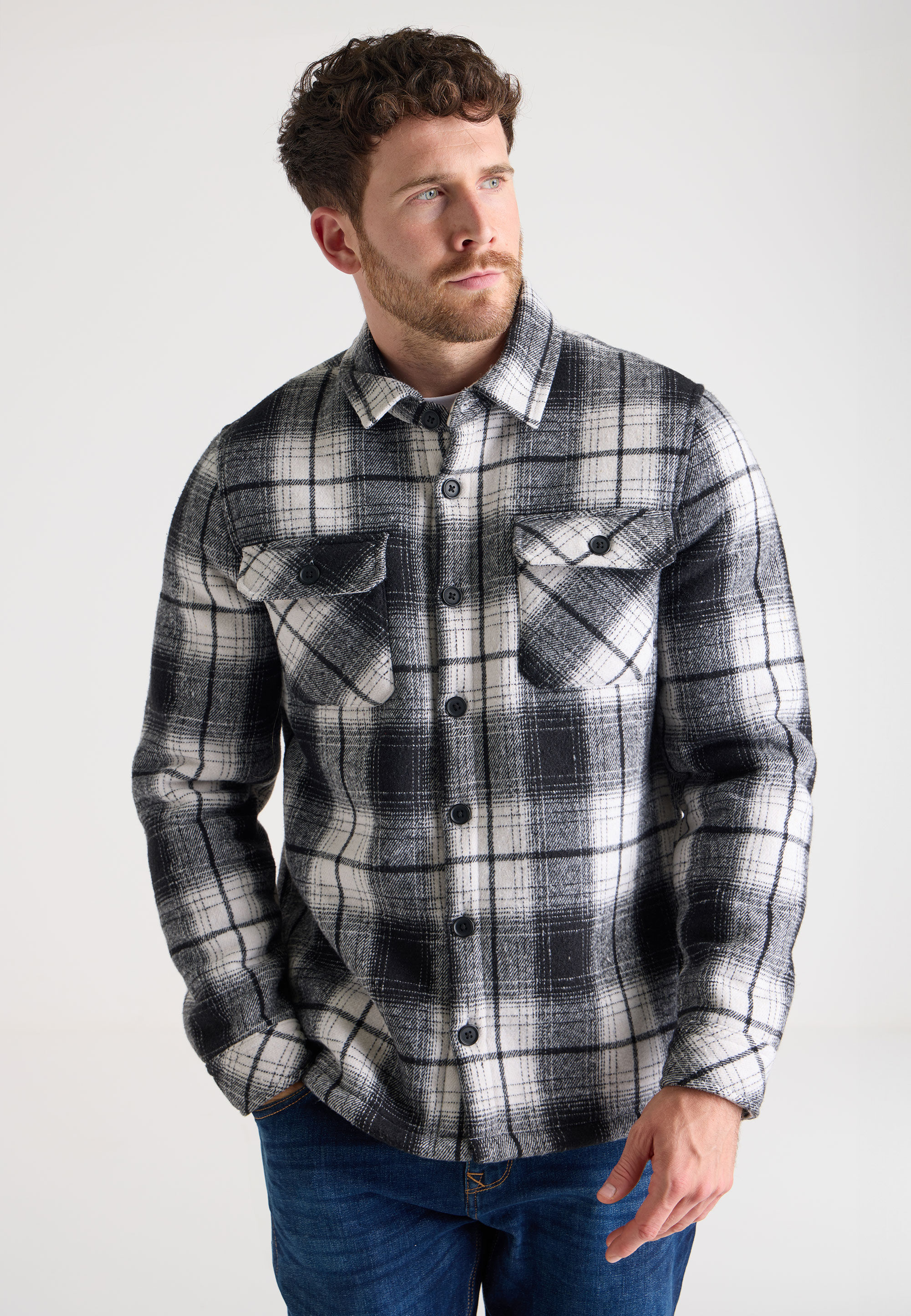 Mens Black & White Sherpa Lined Check Shirt