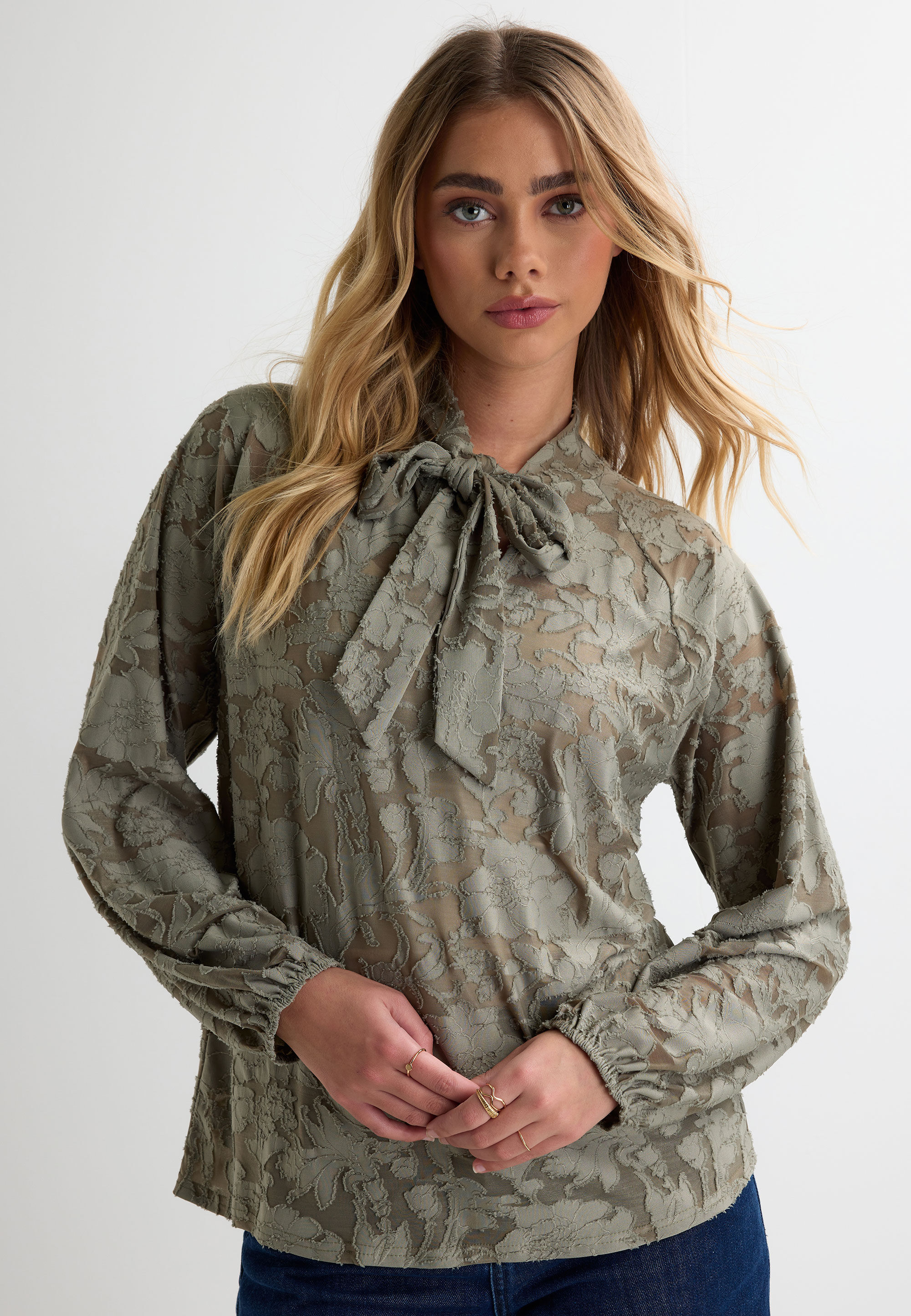 Womens Khaki Textured Pussy Bow Burnout Blouse