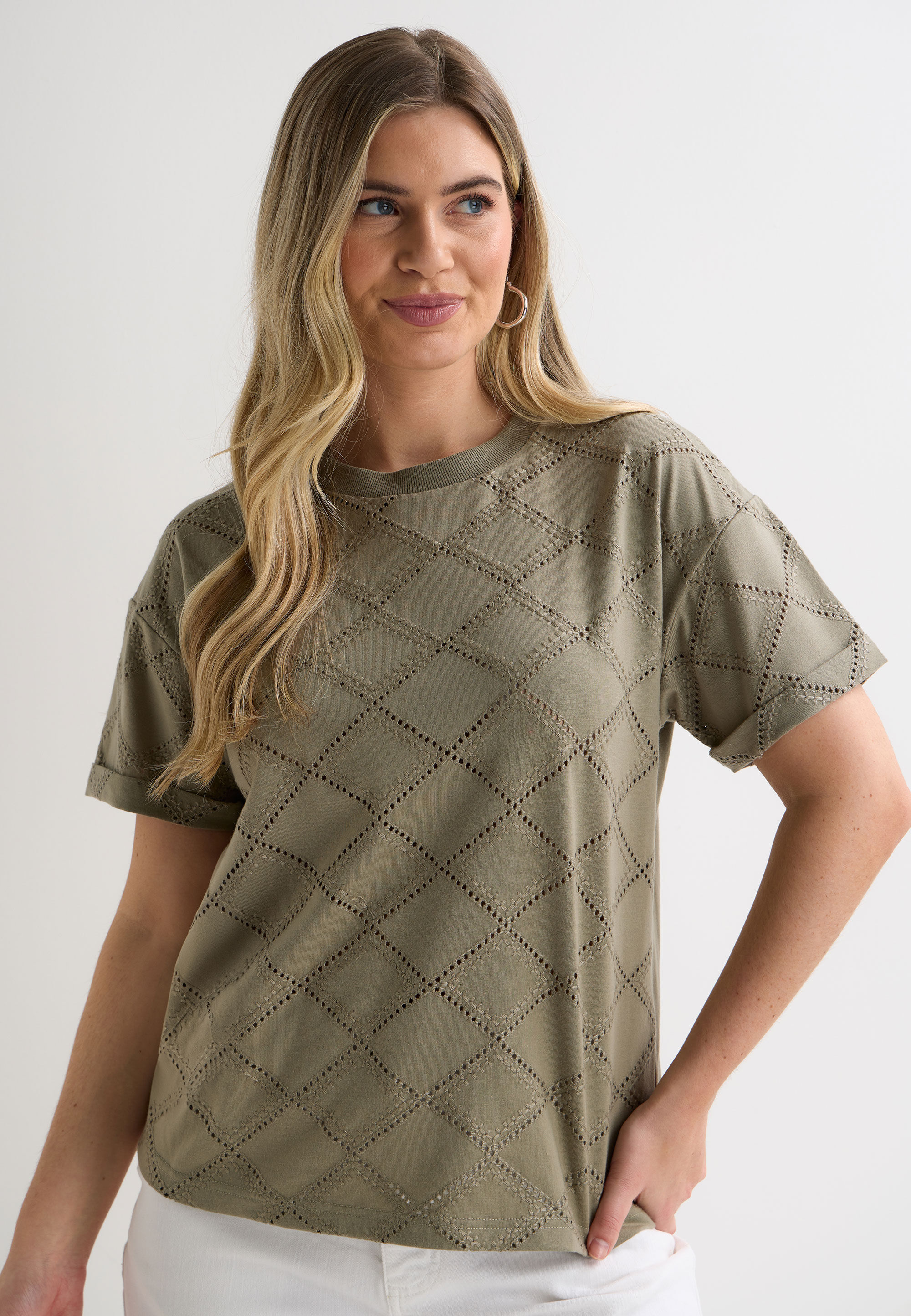 Womens Khaki Broderie Pattern Roll Sleeve T-Shirt
