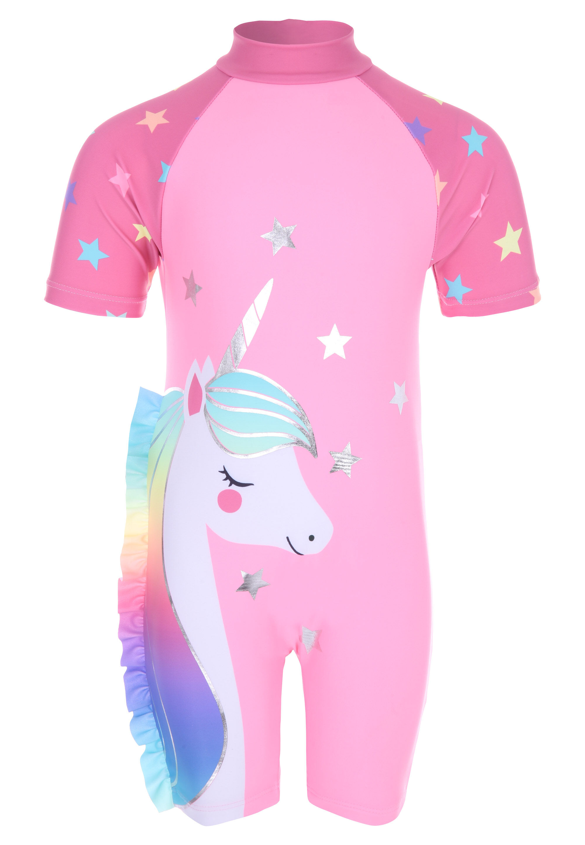 Younger Girls Pink Unicorn Print Ruffle Sun Safe Swimsuit
