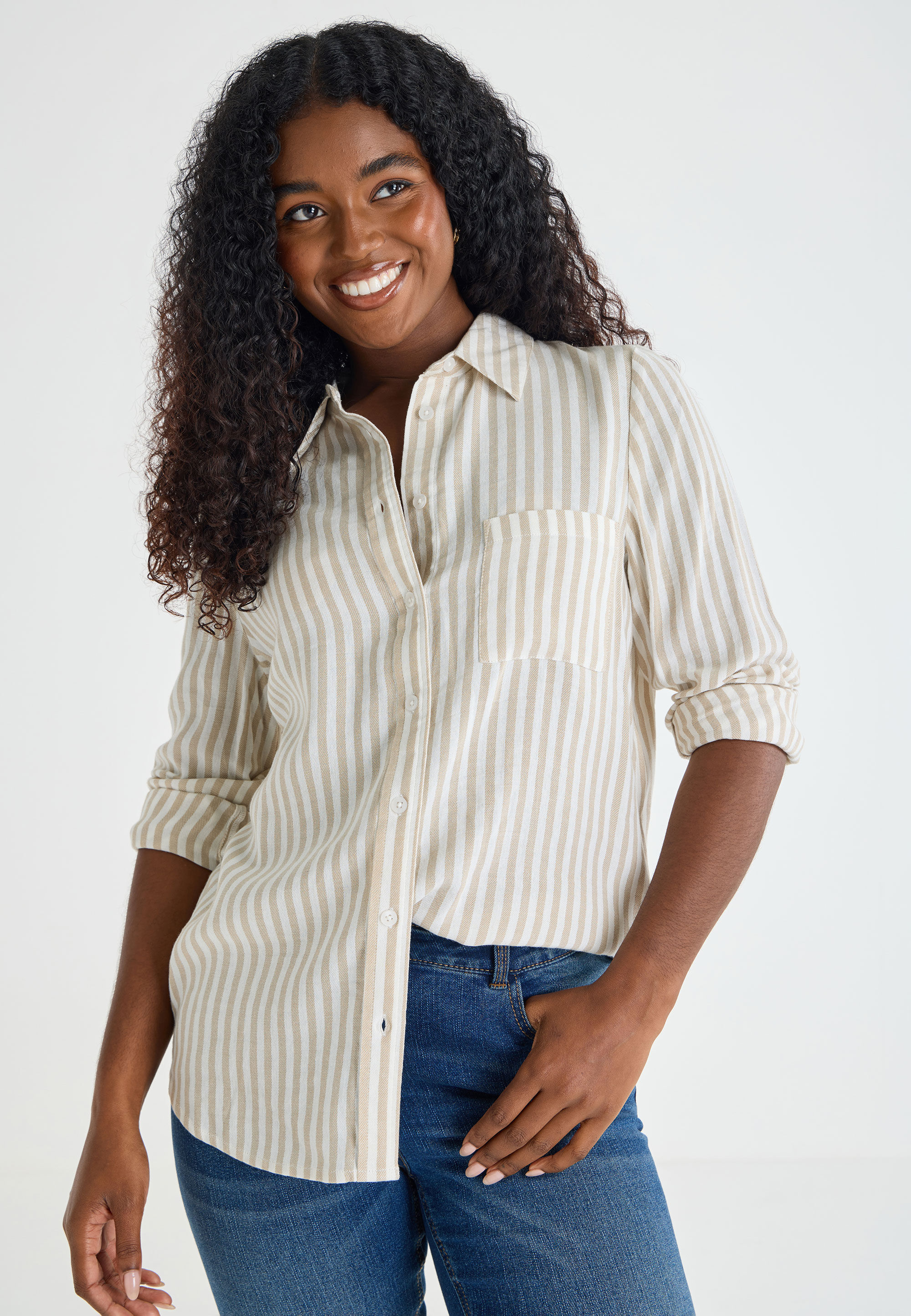 Womens Natural Stripe Long Sleeve Shirt
