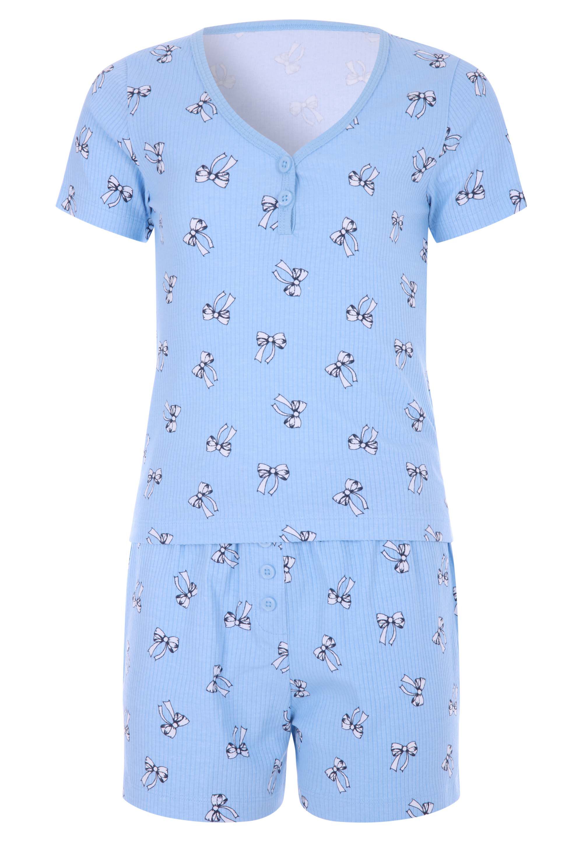 Older Girls Blue Bow Henley Top & Boxer Short Pyjama Set