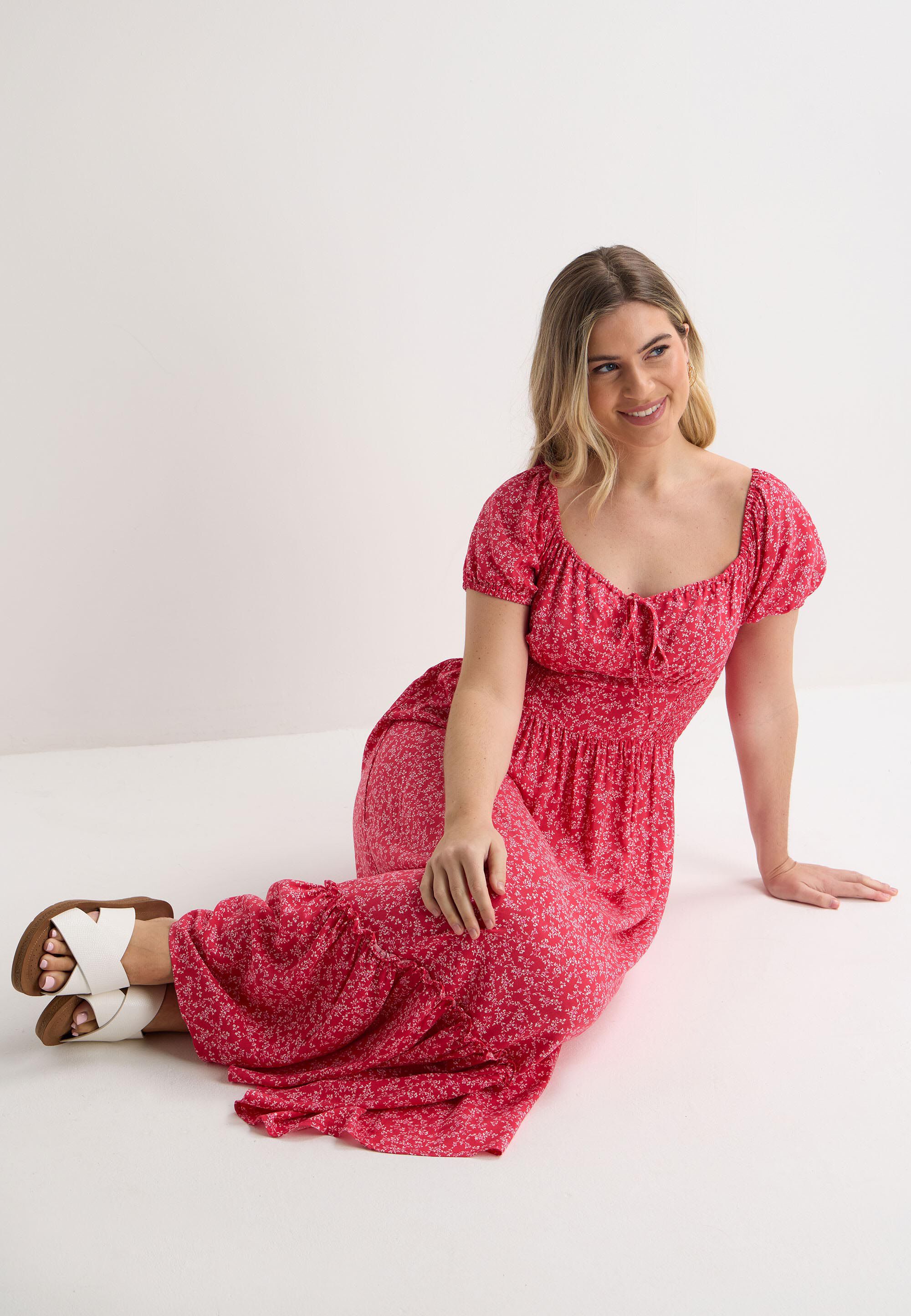 Womens Hot Pink Ditsy Milkmaid Midi Dress